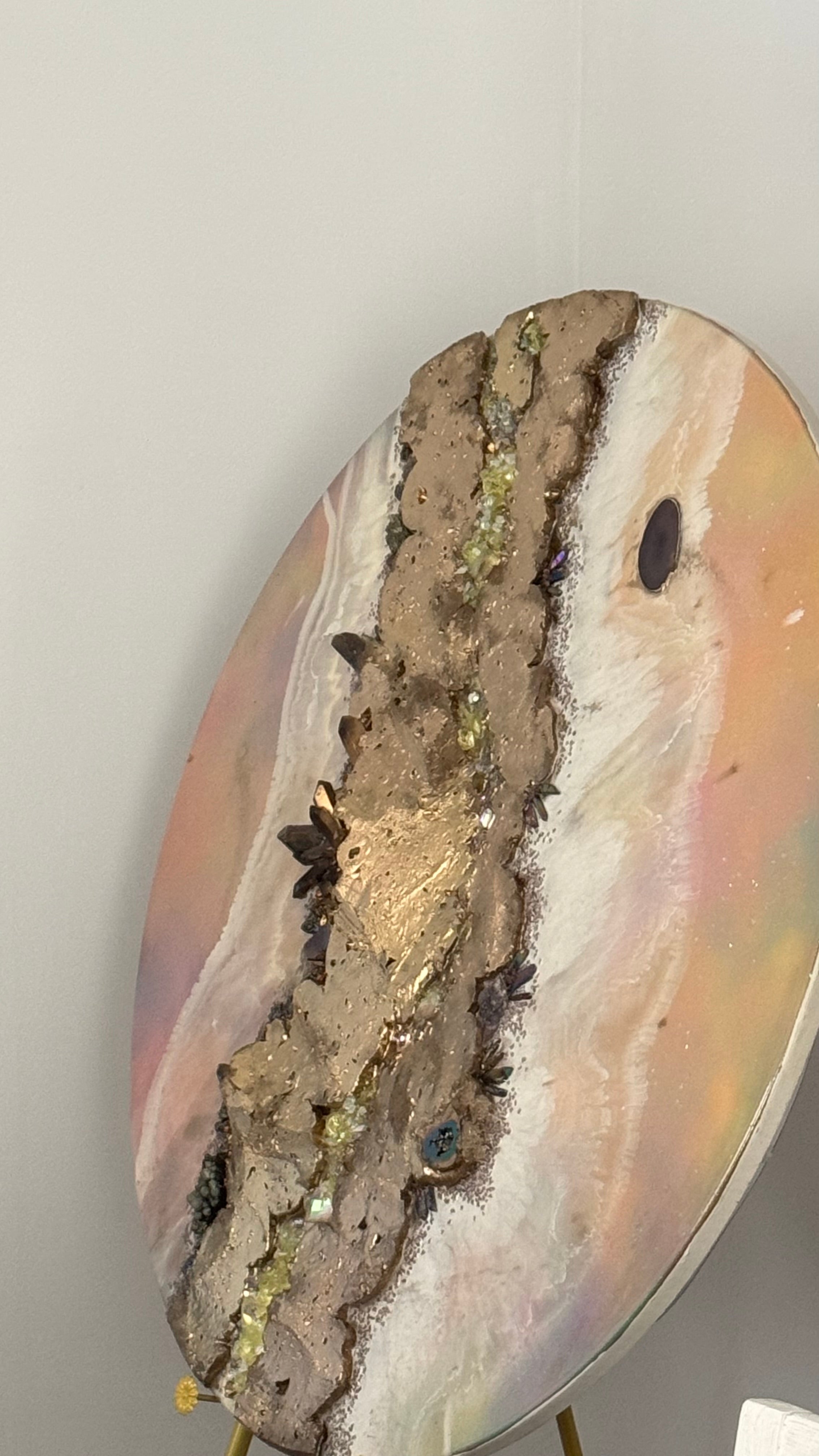 Eclipse Round Gold Organic Pink and Yellow multicolor Abstract Artwork with shadow Quartz and crystals