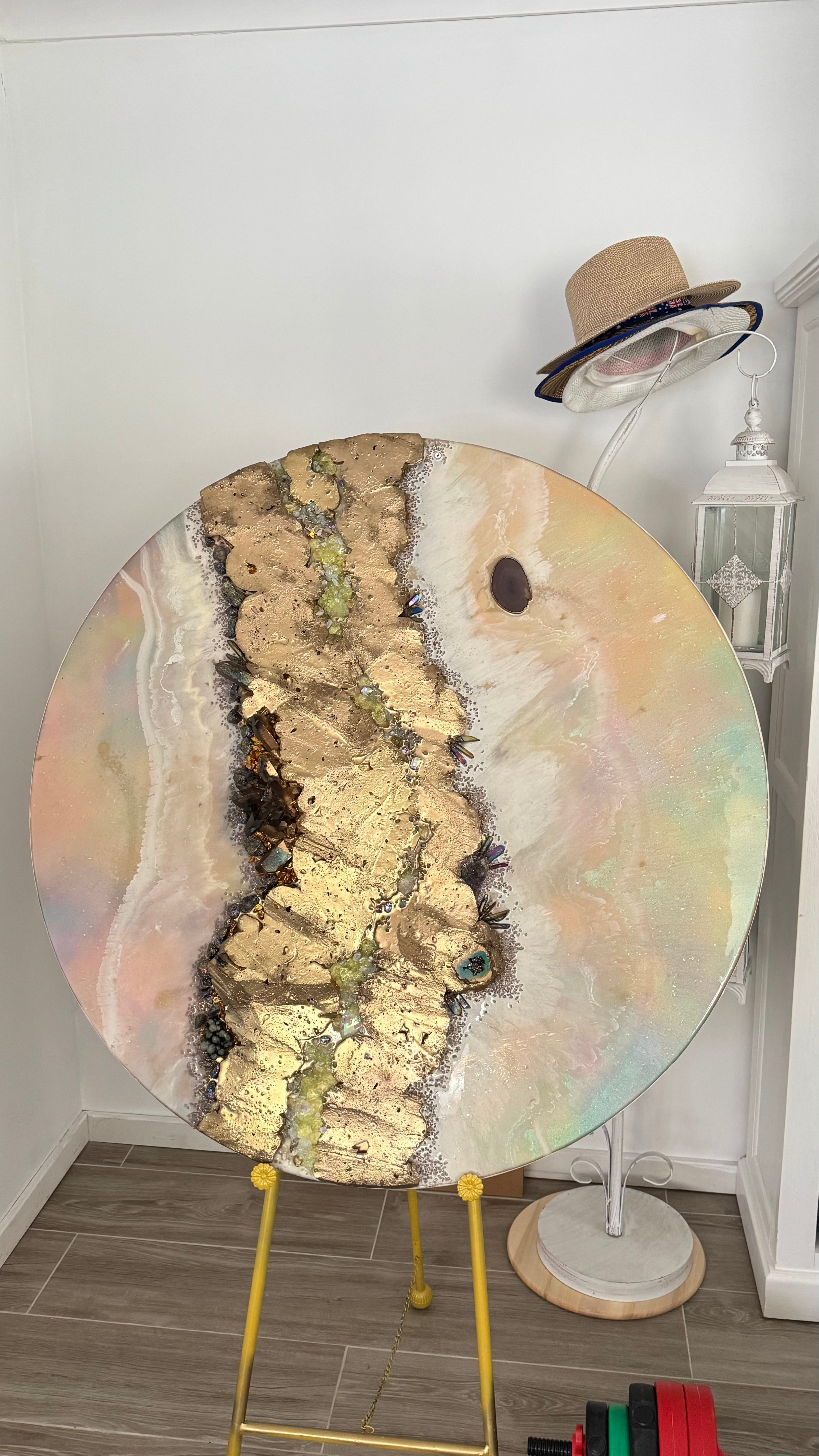 Eclipse Round Gold Organic Pink and Yellow multicolor Abstract Artwork with shadow Quartz and crystals