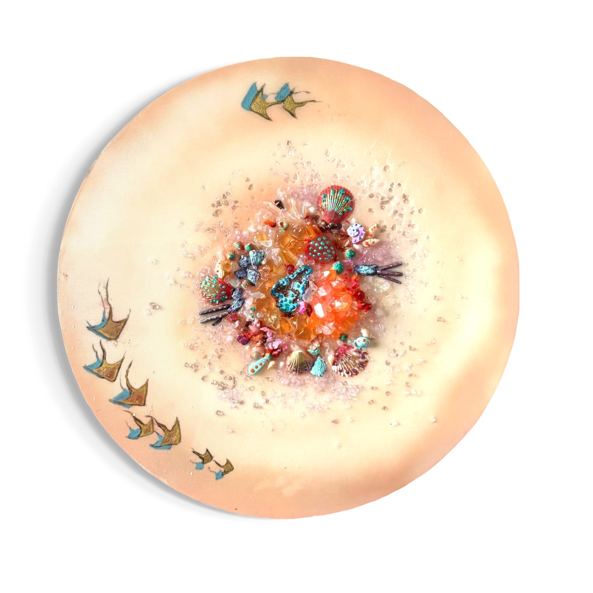 Bounty Reef Aqua Sting Rays Round Artwork with Quartz, Amethyst, Sea Urchin, Pearls, 50cm/20x20”