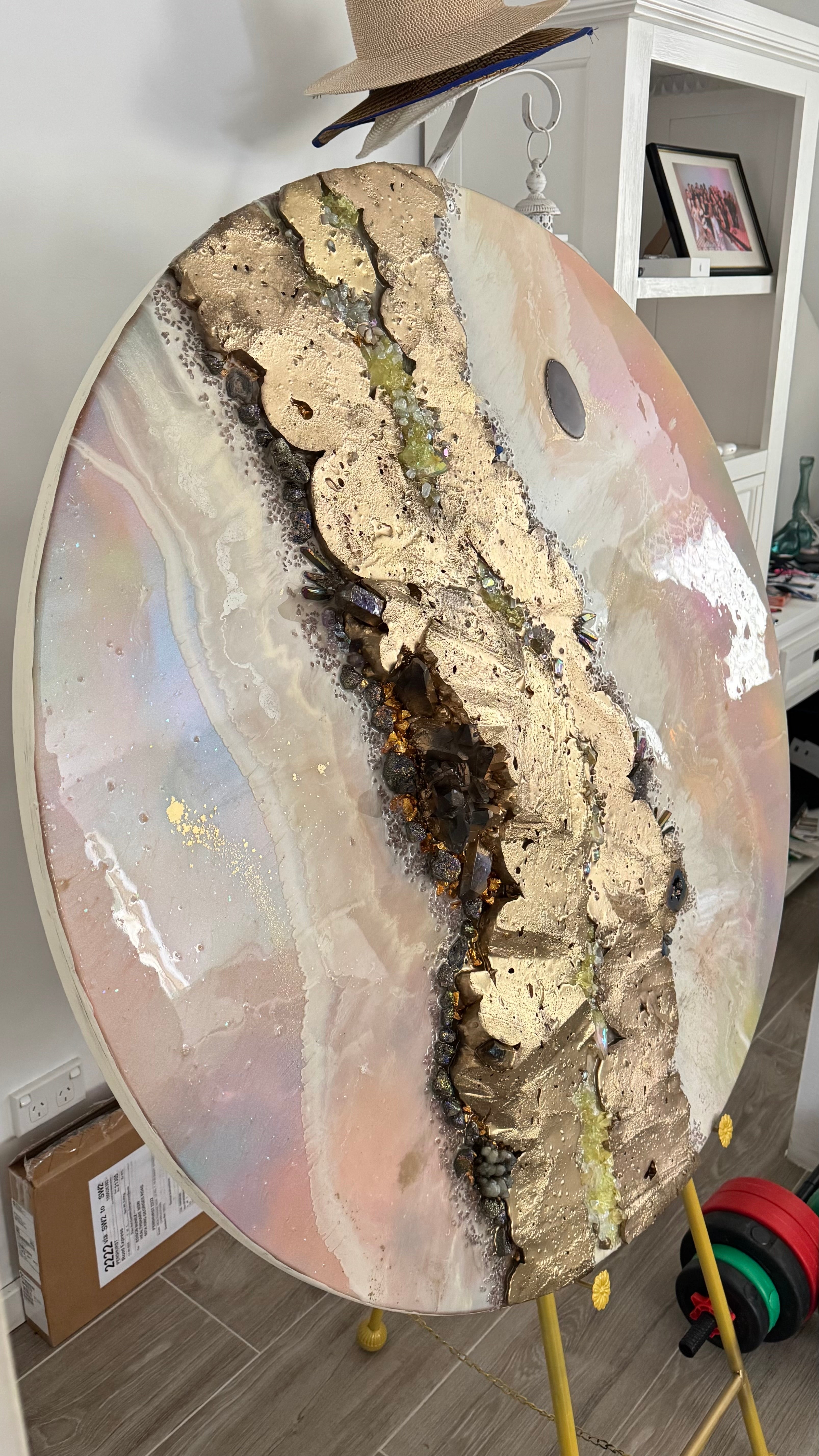 Eclipse Round Gold Organic Pink and Yellow multicolor Abstract Artwork with shadow Quartz and crystals