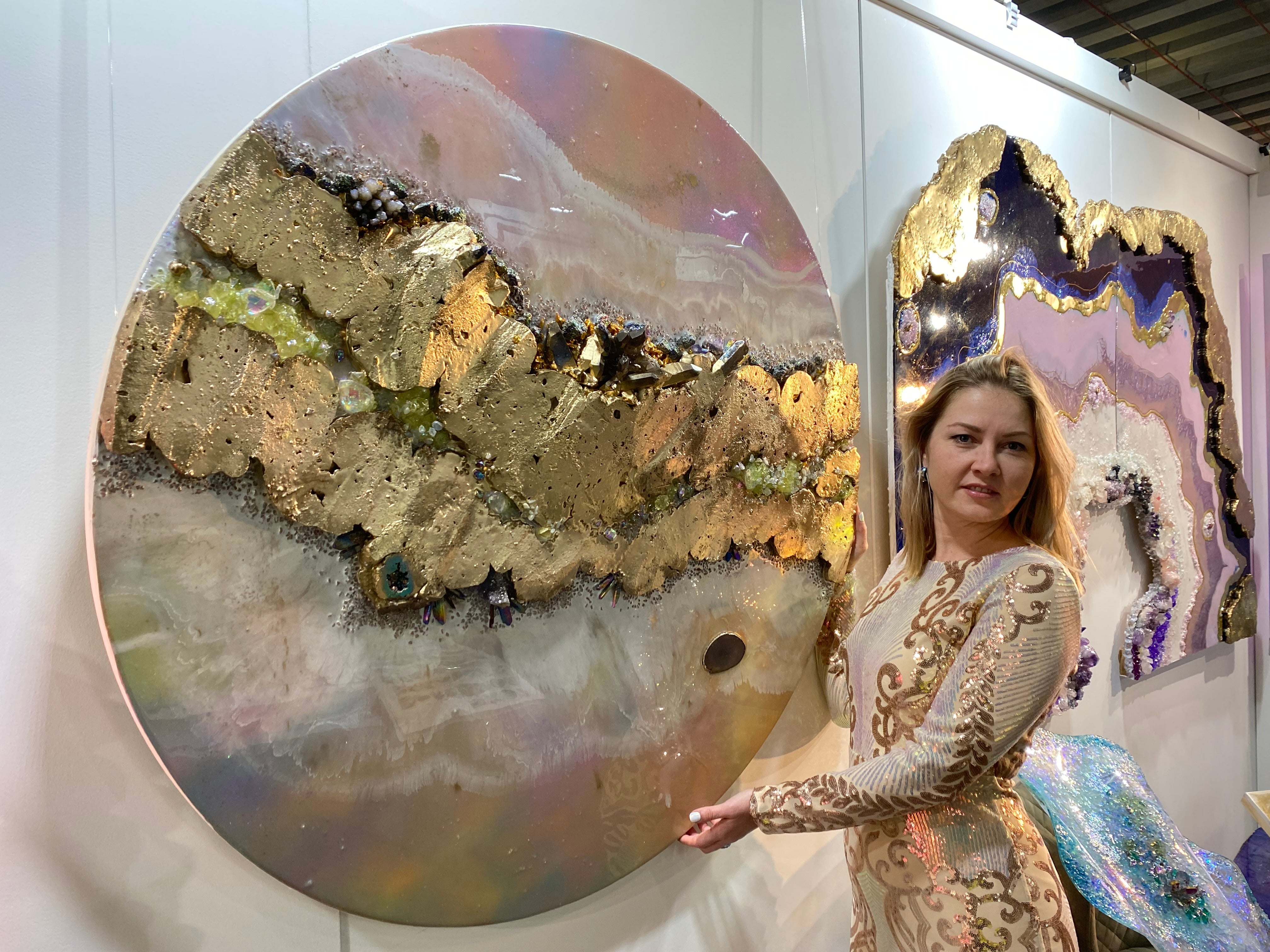 Eclipse Round Gold Organic Pink and Yellow multicolor Abstract Artwork with shadow Quartz and crystals