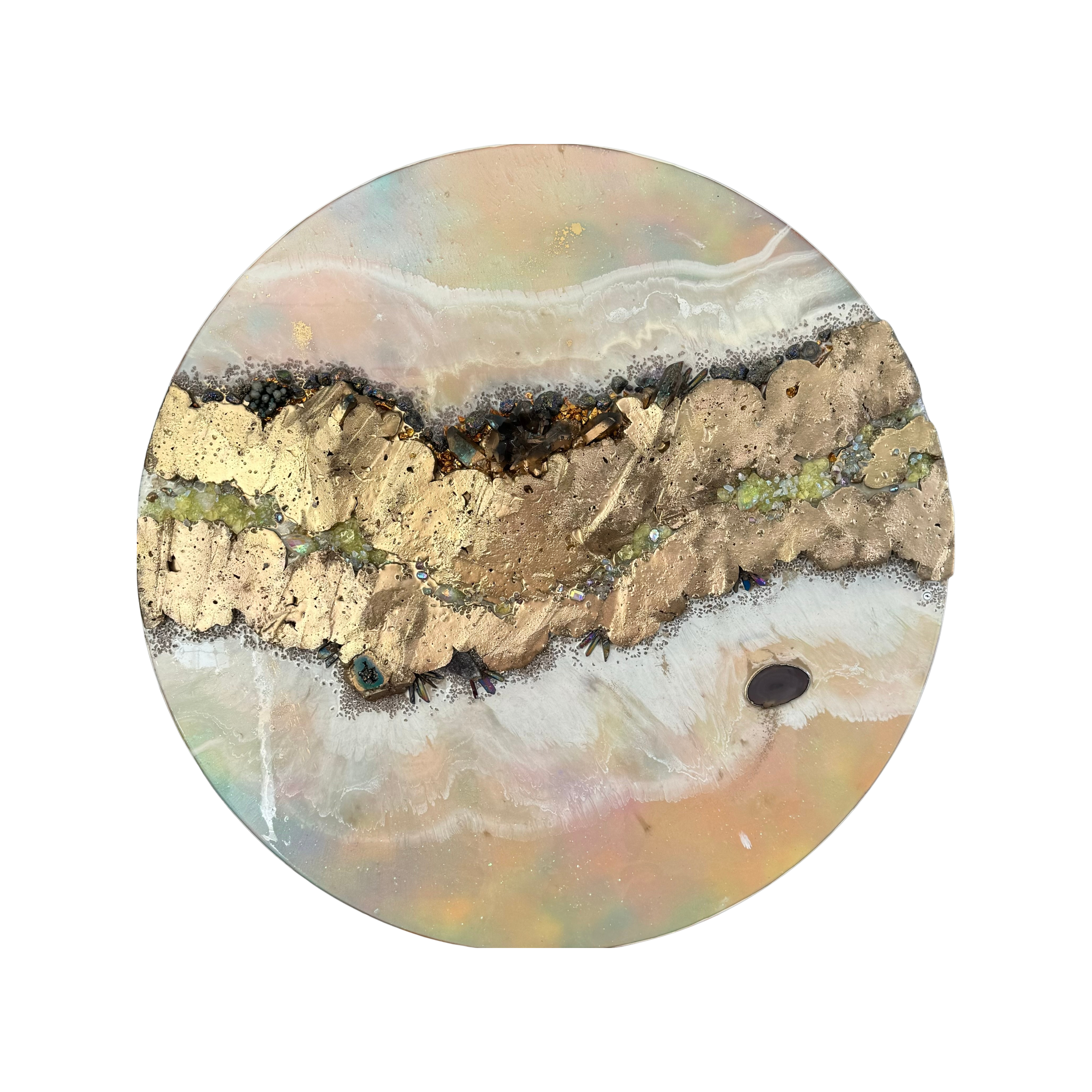 Eclipse Round Gold Organic Pink and Yellow multicolor Abstract Artwork with shadow Quartz and crystals