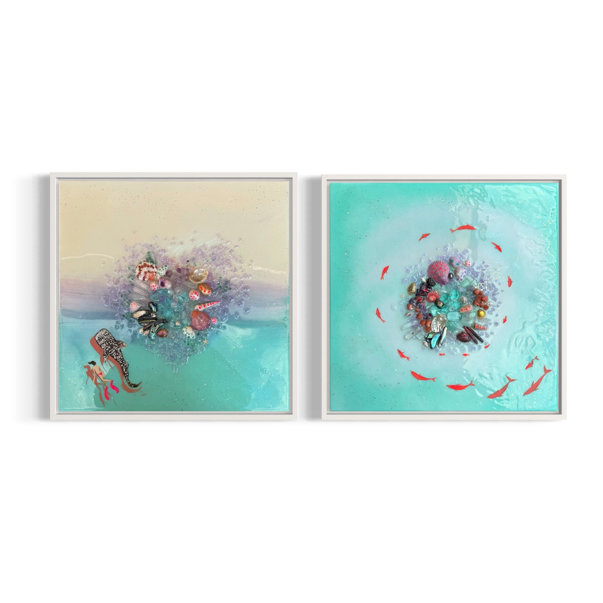 Feel of wonder Set of 2 with Amethyst, Sea Urchin and Gold Leaf, Quartz set of 2 40x40cm ea/16x16”