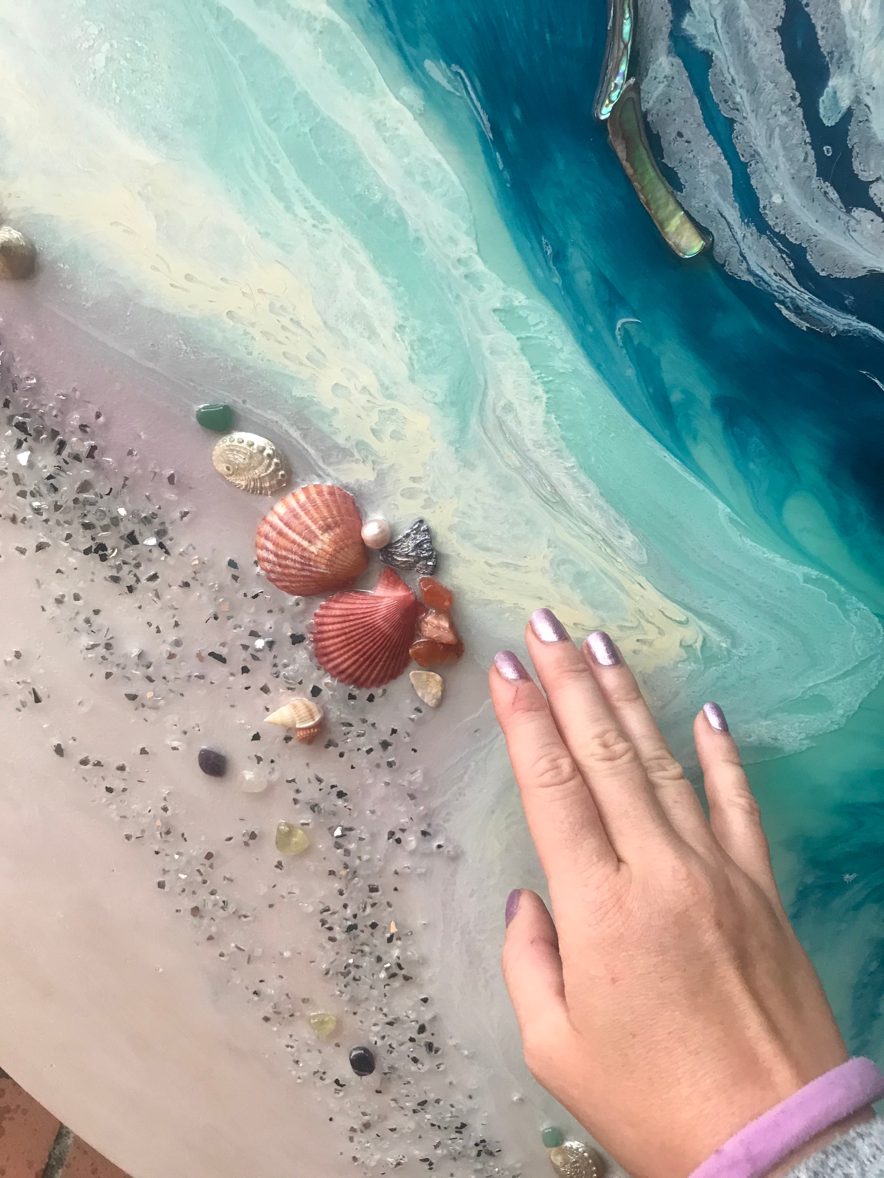 Green Round Turtle Artwork.Bounty Turtle 3.0. Australian Seascape. 90x90cm