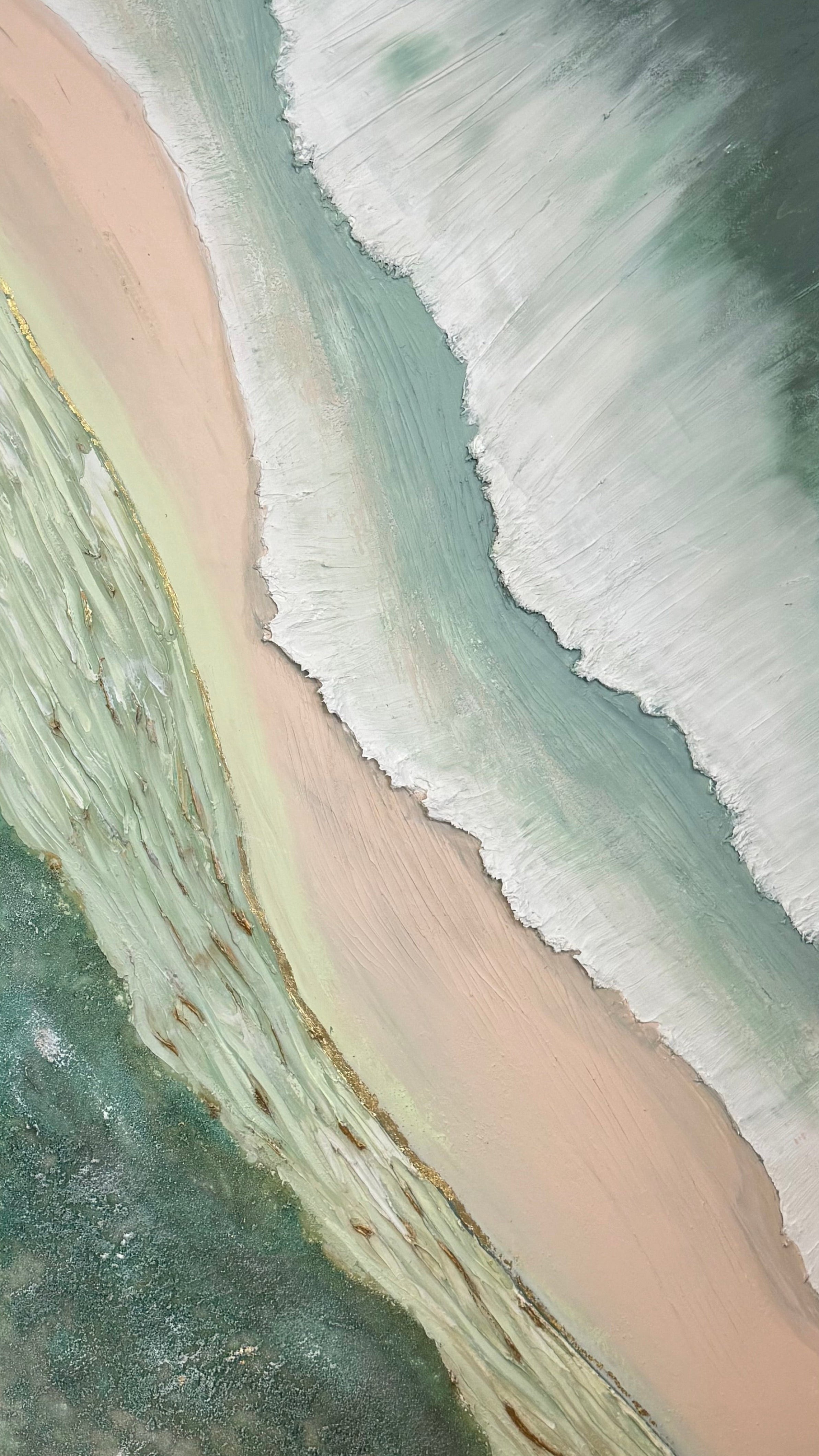 Abstract art piece with wavy patterns in green and beige tones on a white wall.