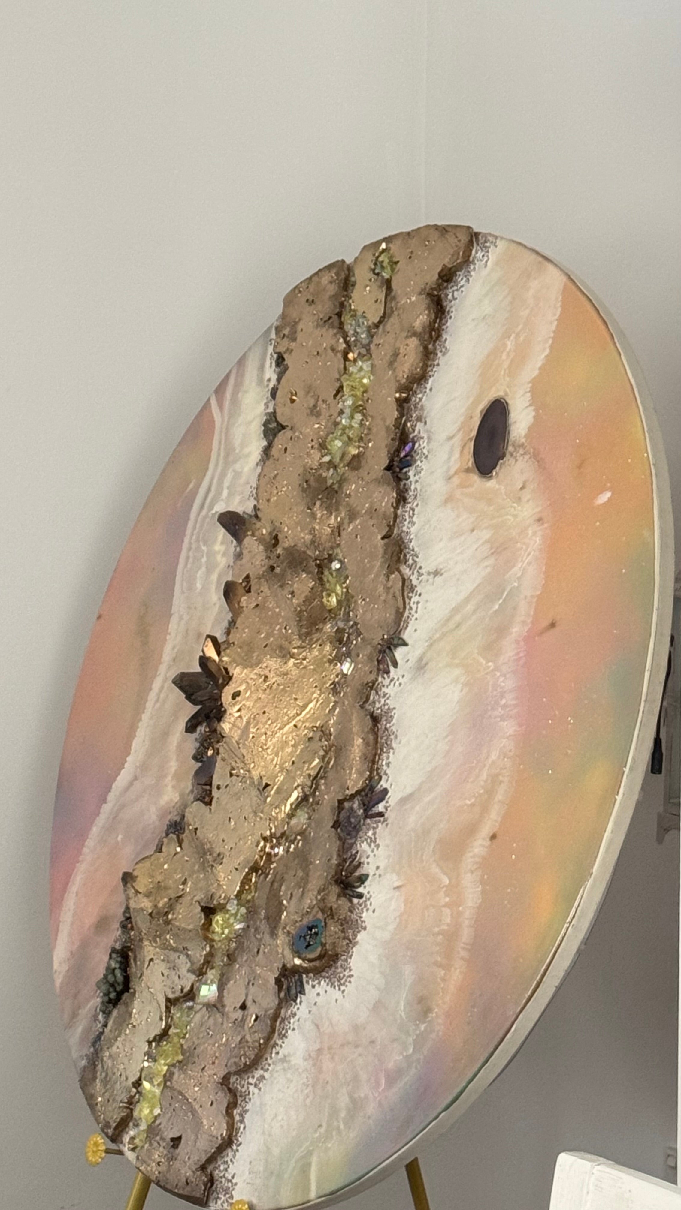 Eclipse Round Gold Organic Pink and Yellow multicolor Abstract Artwork with shadow Quartz and crystals