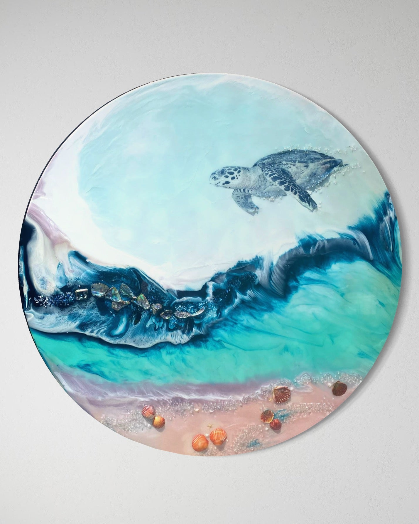 Green Round Turtle Artwork.Bounty Turtle 3.0. Australian Seascape. 90x90cm