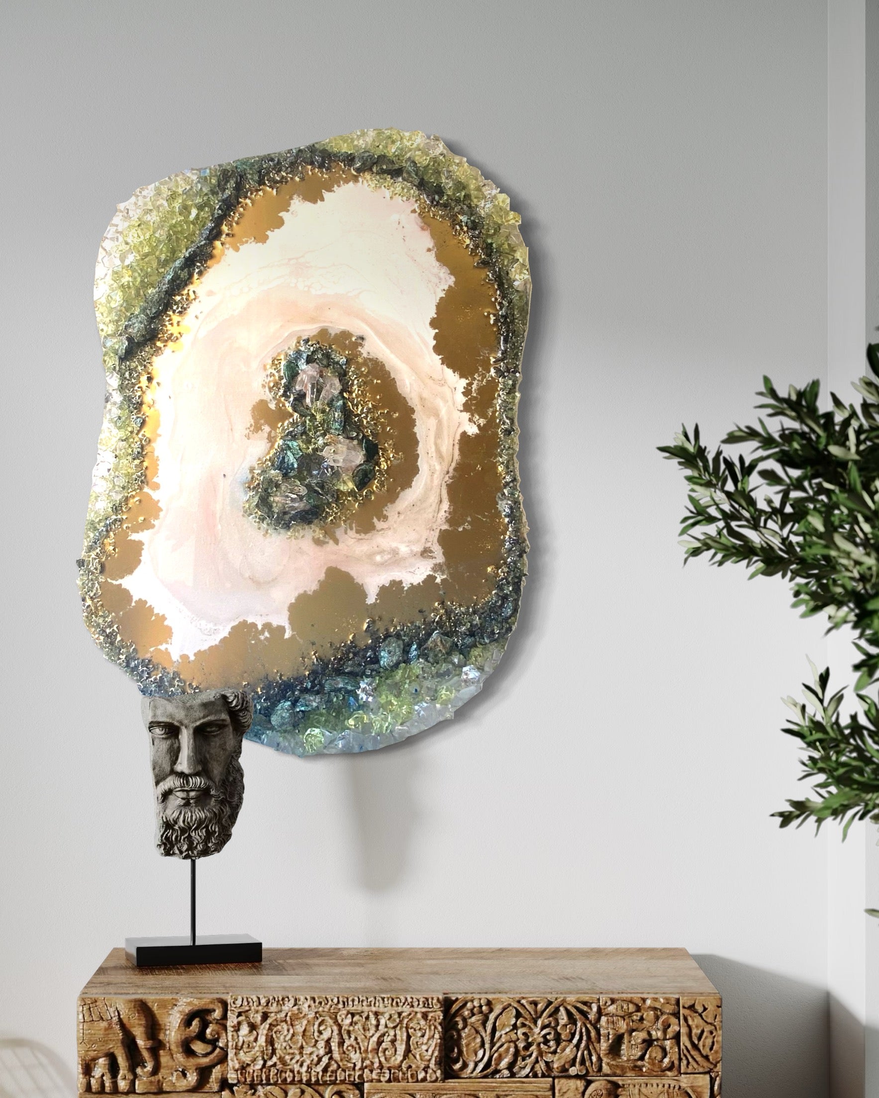 Green Harmony Crystal Reef - Freeform Crystal Art with Peridot, Fuschite and Quartz 40x60cm