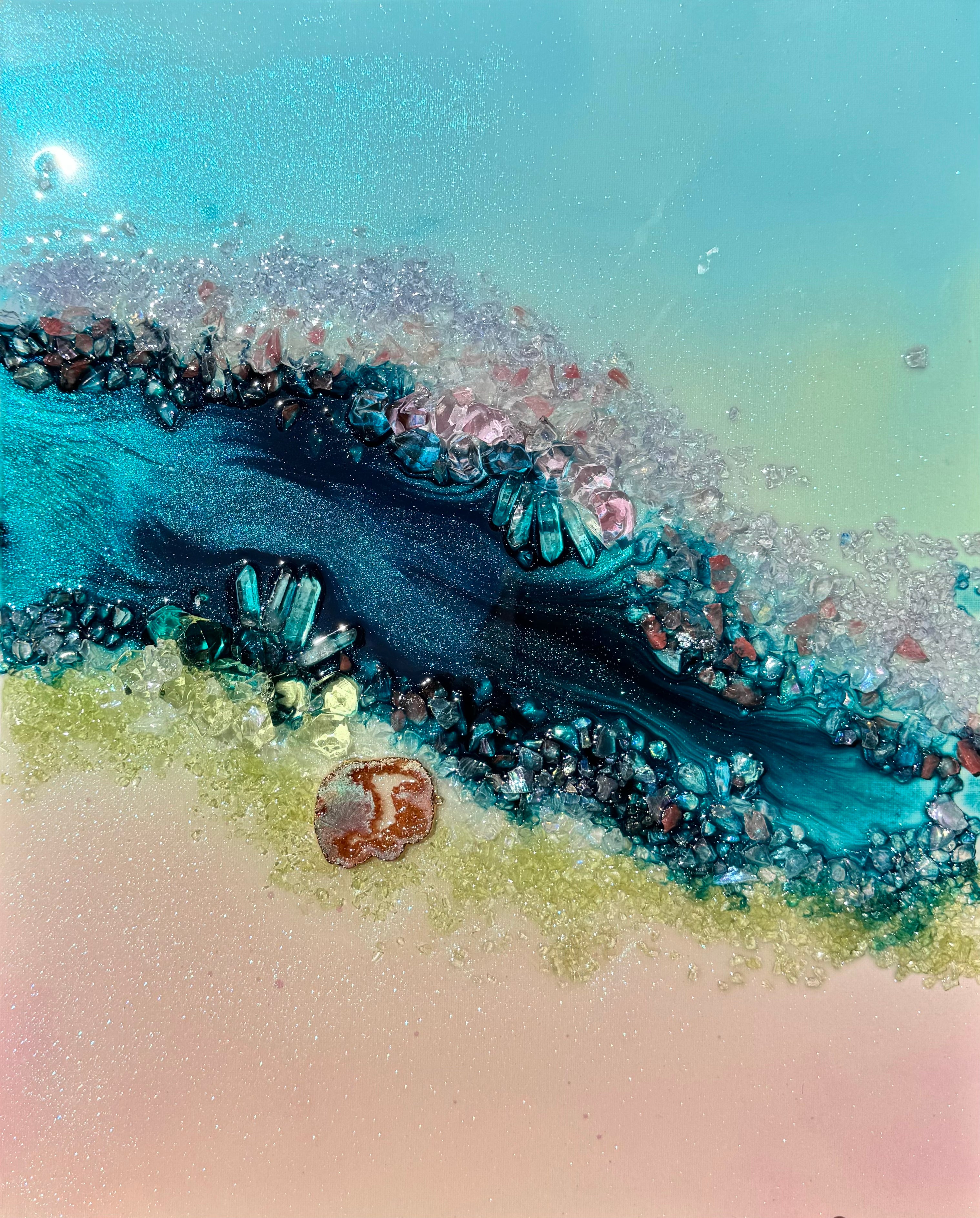 Heart Reef Bliss 1 with Swarovski, Amethyst, Agate, Quartz & Epoxy Glass on Canvas 40x50cm. Commision