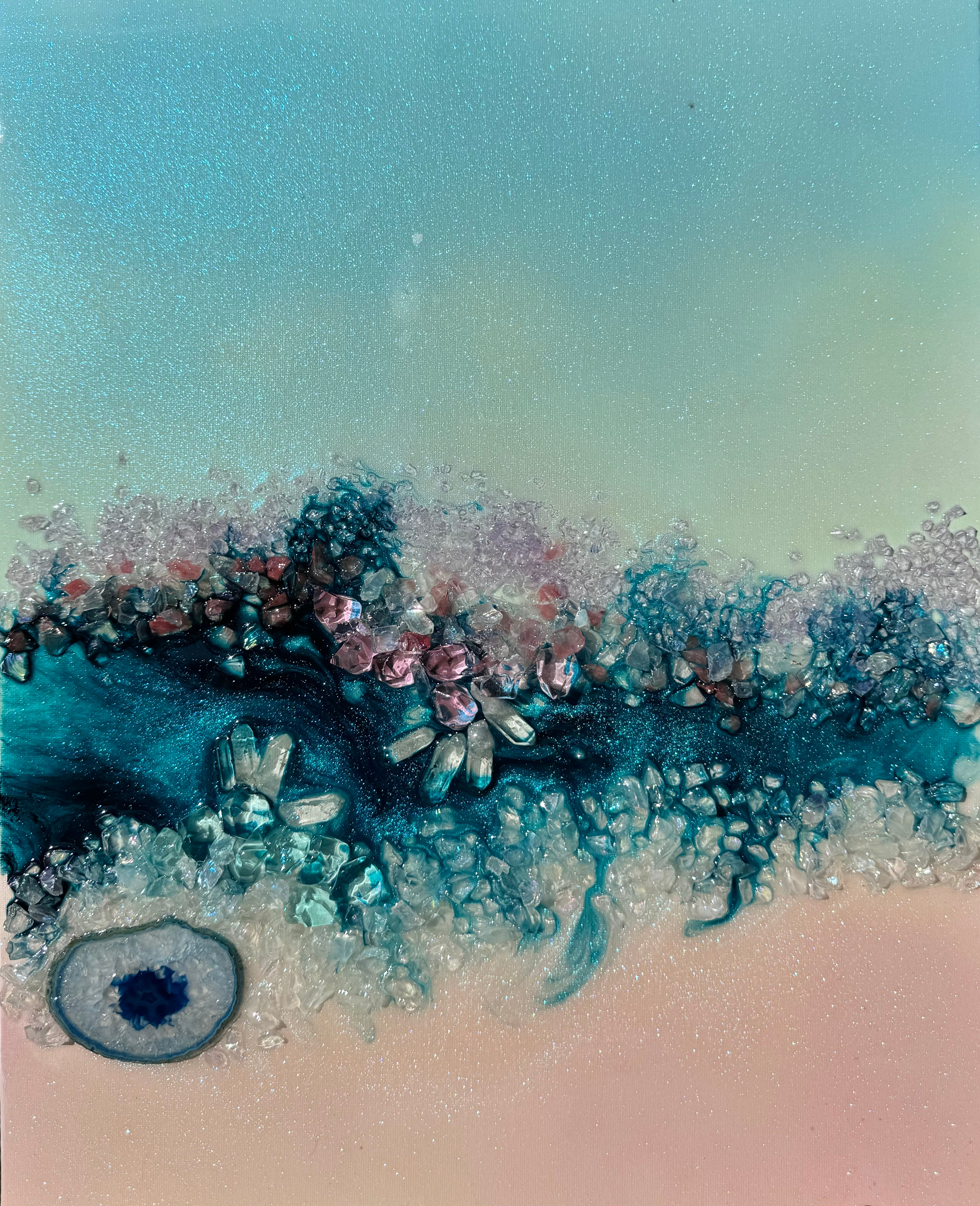 Heart Reef Bliss 2 with Swarovski, Amethyst, Agate, Quartz & Epoxy Glass on Canvas 40x50cmn COMMISSION