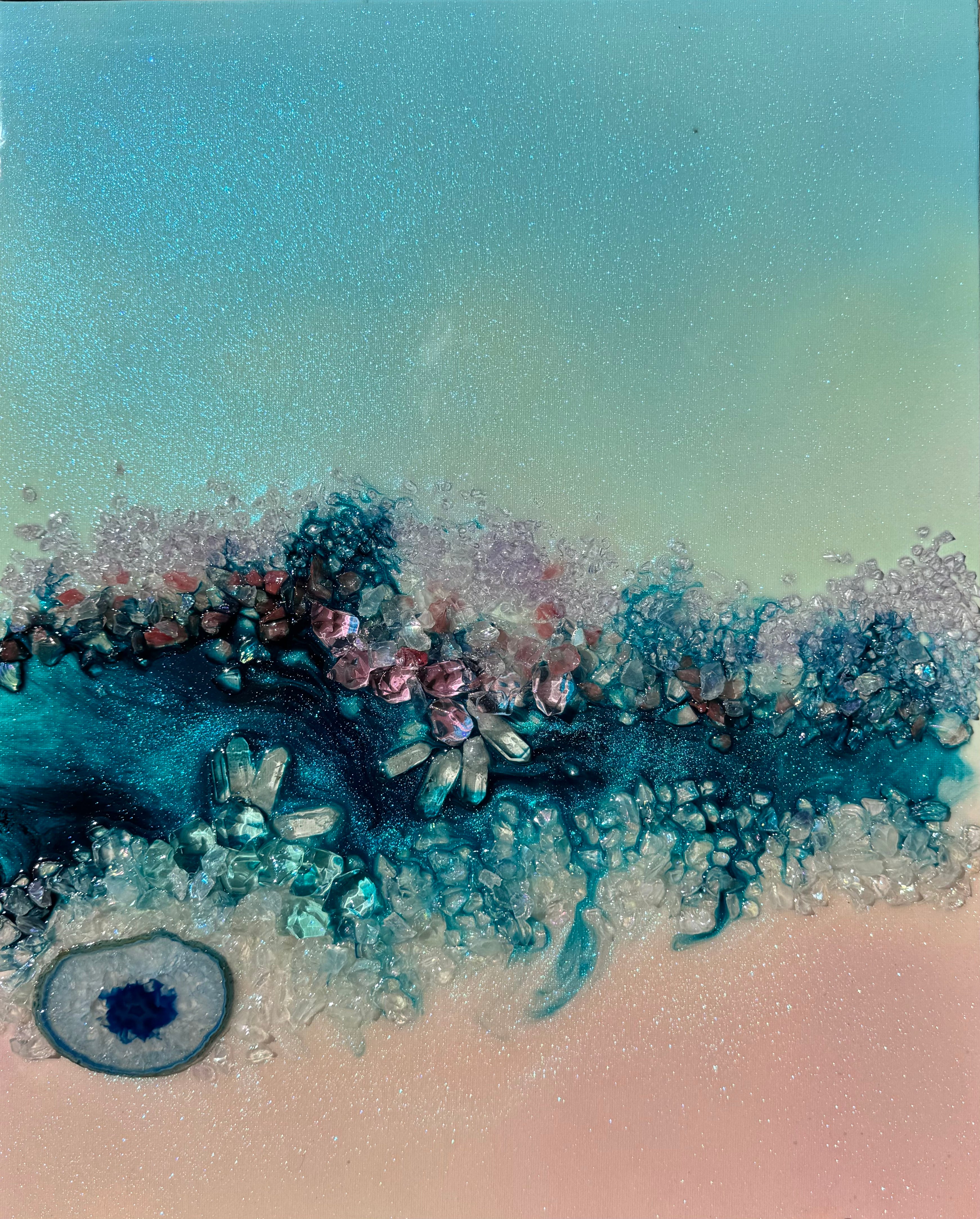 Heart Reef Bliss Set of 2 with Swarovski, Amethyst, Agate, Quartz & Epoxy Glass on Canvas 40x50cm.