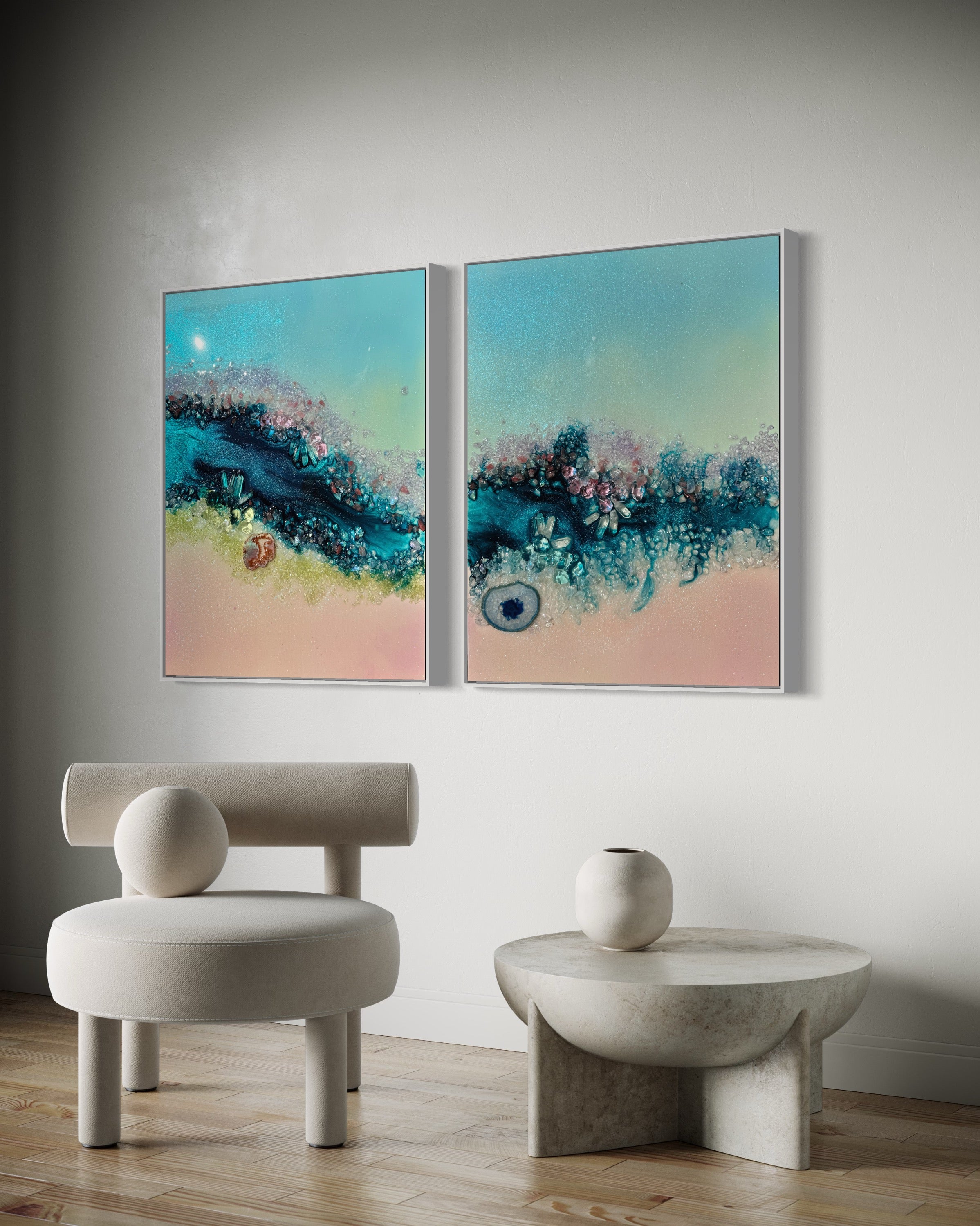 Heart Reef Bliss Set of 2 with Swarovski, Amethyst, Agate, Quartz & Epoxy Glass on Canvas 40x50cm.