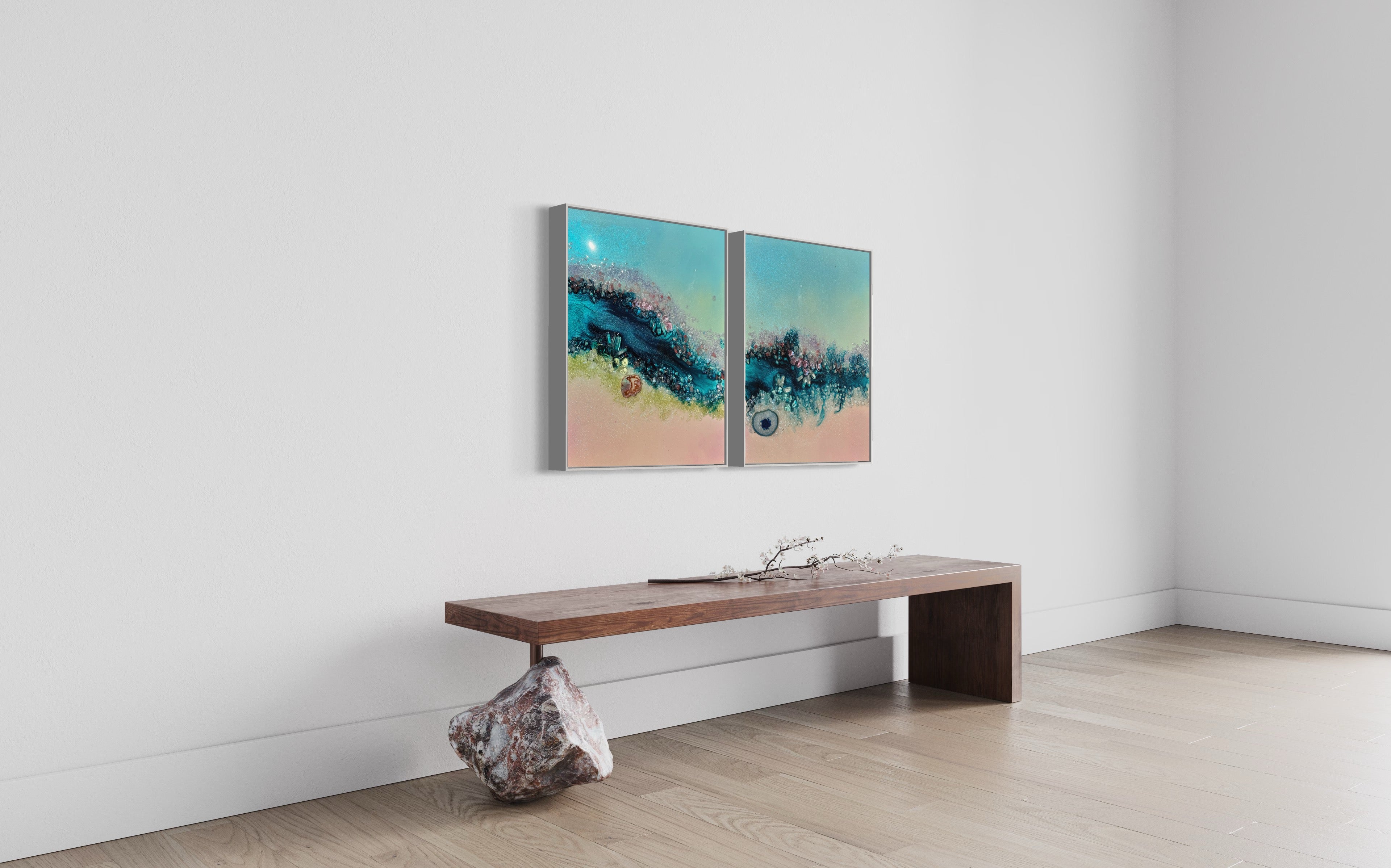 Heart Reef Bliss Set of 2 with Swarovski, Amethyst, Agate, Quartz & Epoxy Glass on Canvas 40x50cm.