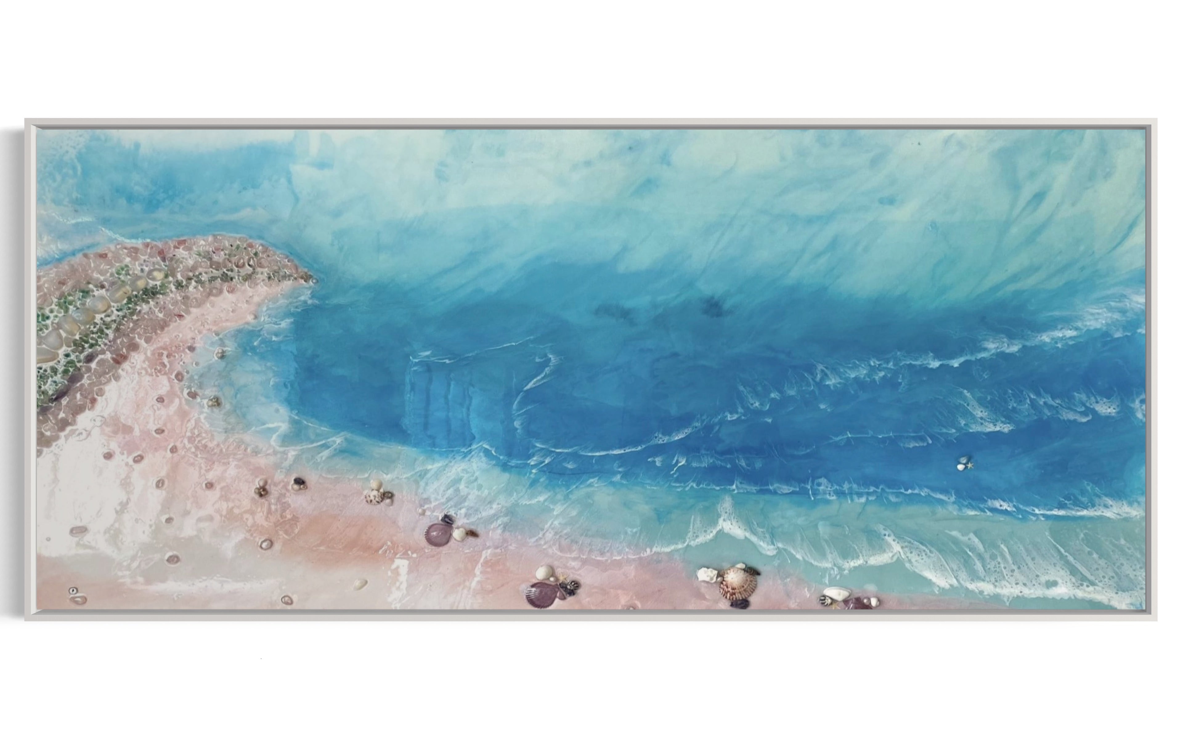 Ocean Artwork. BOUNTY DREAM with roze quartz crystals 75x150cm. FRAMED