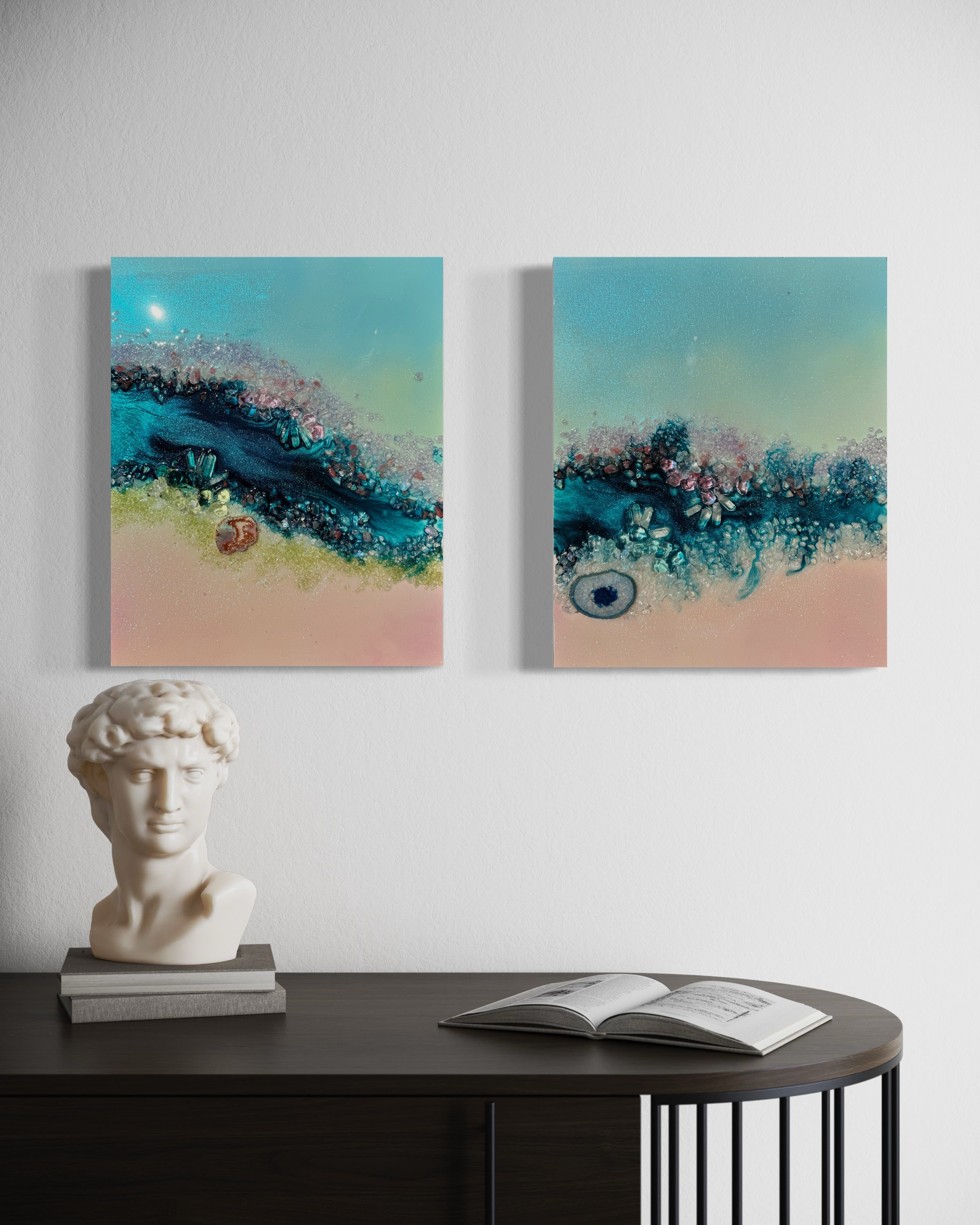Heart Reef Bliss Set of 2 with Swarovski, Amethyst, Agate, Quartz & Epoxy Glass on Canvas 40x50cm.