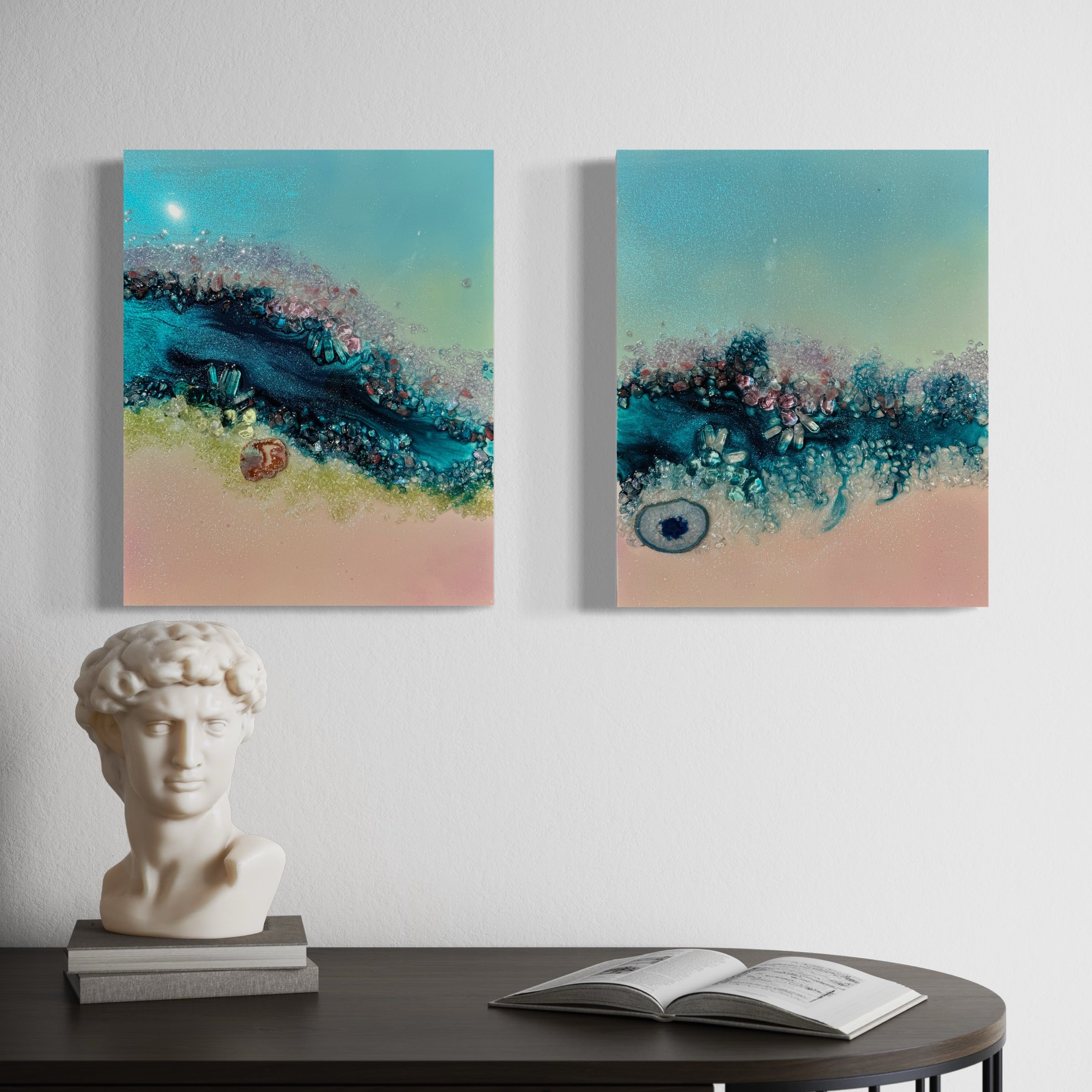 Heart Reef Bliss Set of 2 with Swarovski, Amethyst, Agate, Quartz & Epoxy Glass on Canvas 40x50cm.