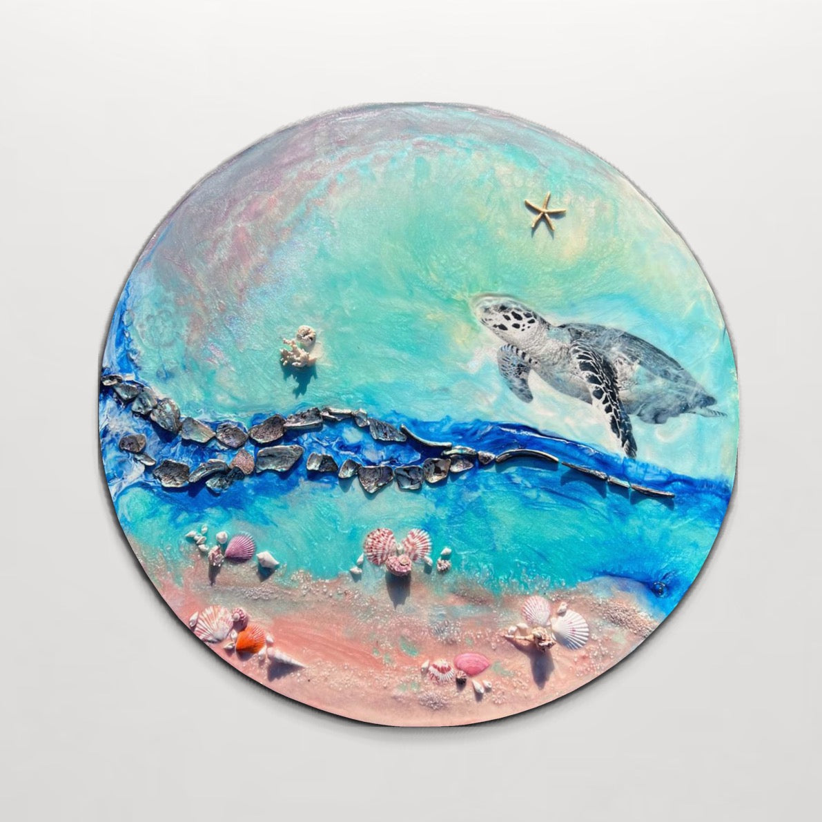 Green Round Turtle Artwork.Bounty Turtle 3.0. Australian Seascape. 90x90cm