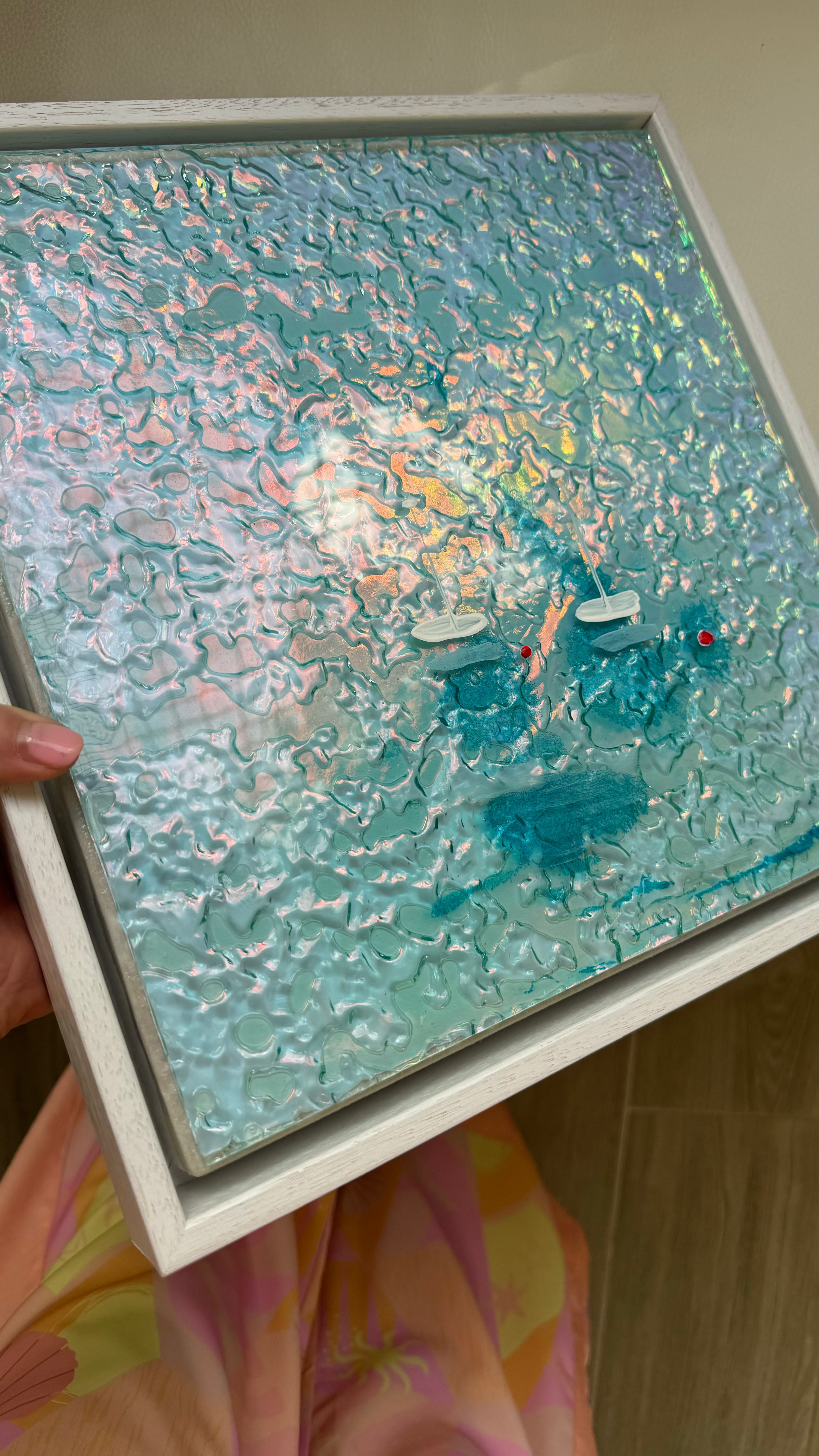 Cannes Yachts Mediterranean Sailing Boats Artwork Iridescent Whitsundays Anchored 1 30x30cm FRAMED 33x33cm