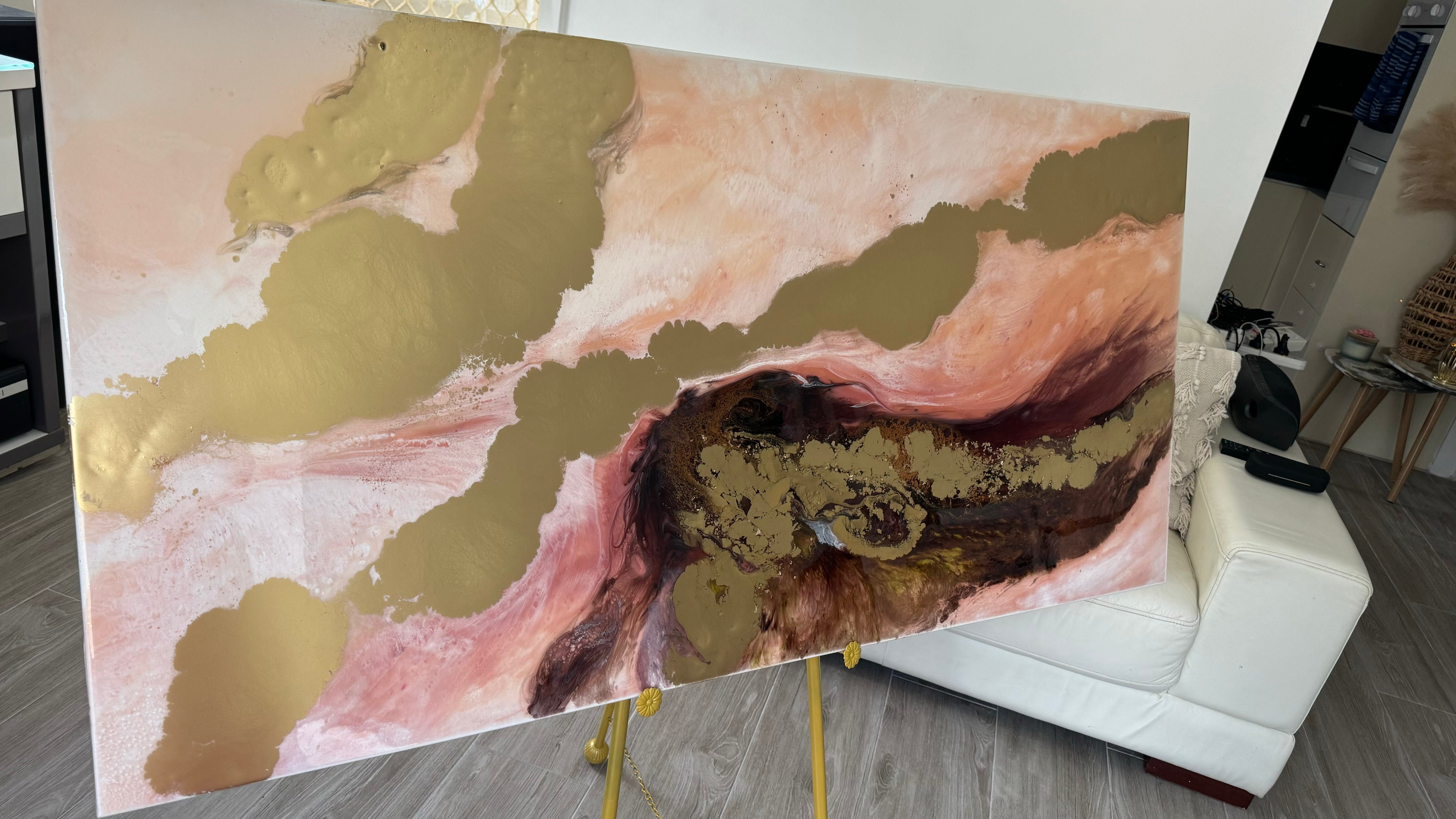 Mothers embrace. Gold and Brown Abstract Landscape. Original Artwork