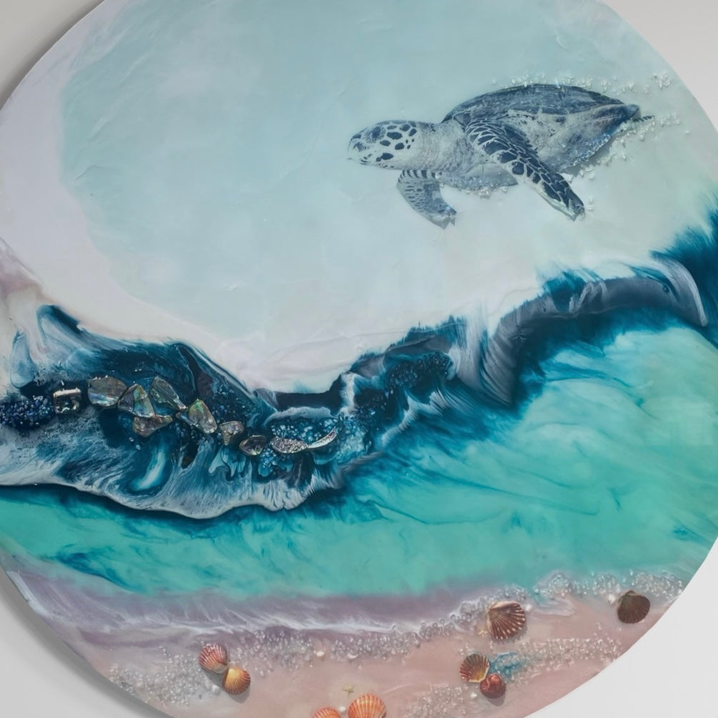 Sea Turtle 2.0. Hawaii Island Seascape. Round Artwork.