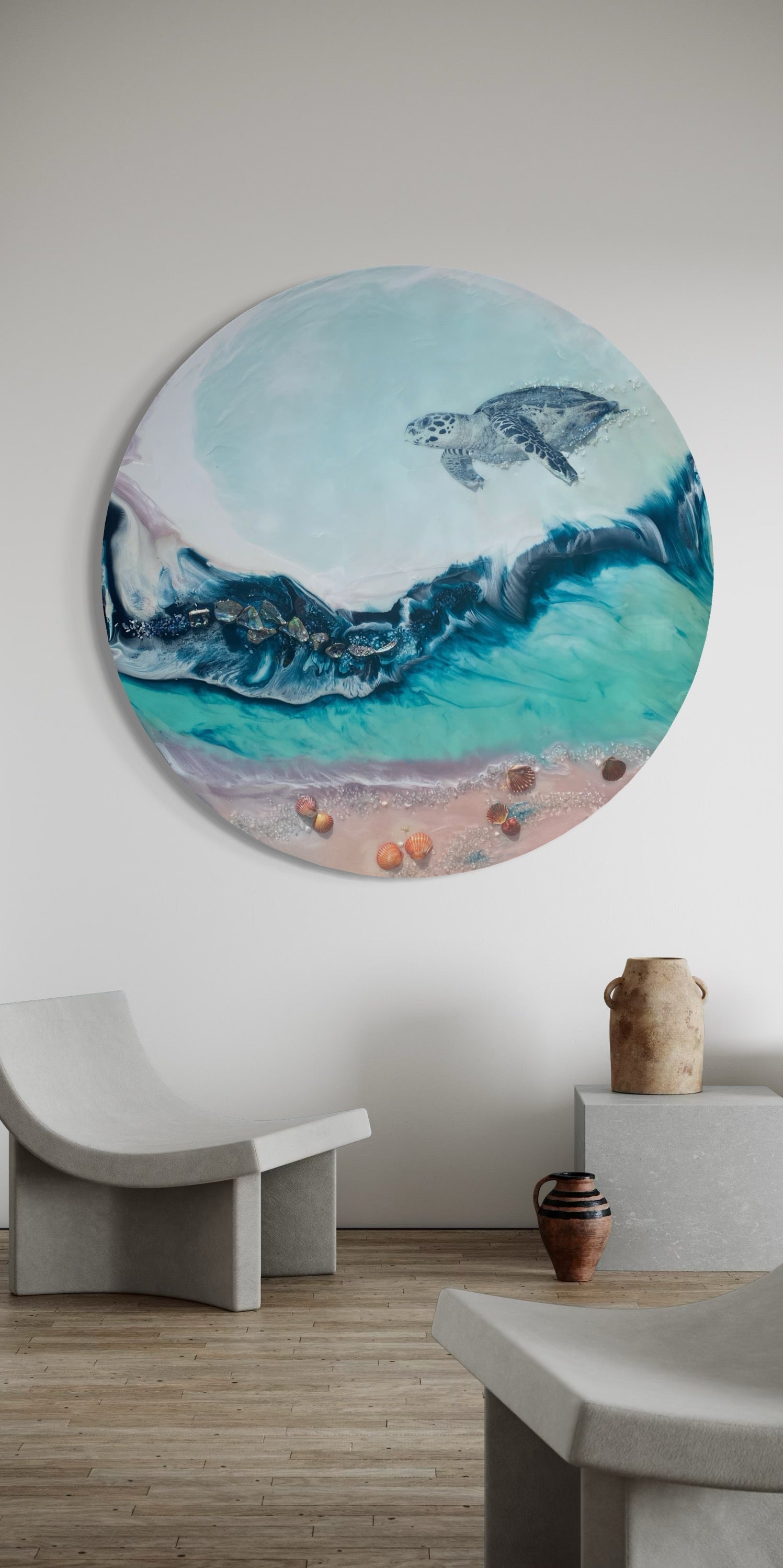 Sea Turtle 2.0. Hawaii Island Seascape. Round Artwork.