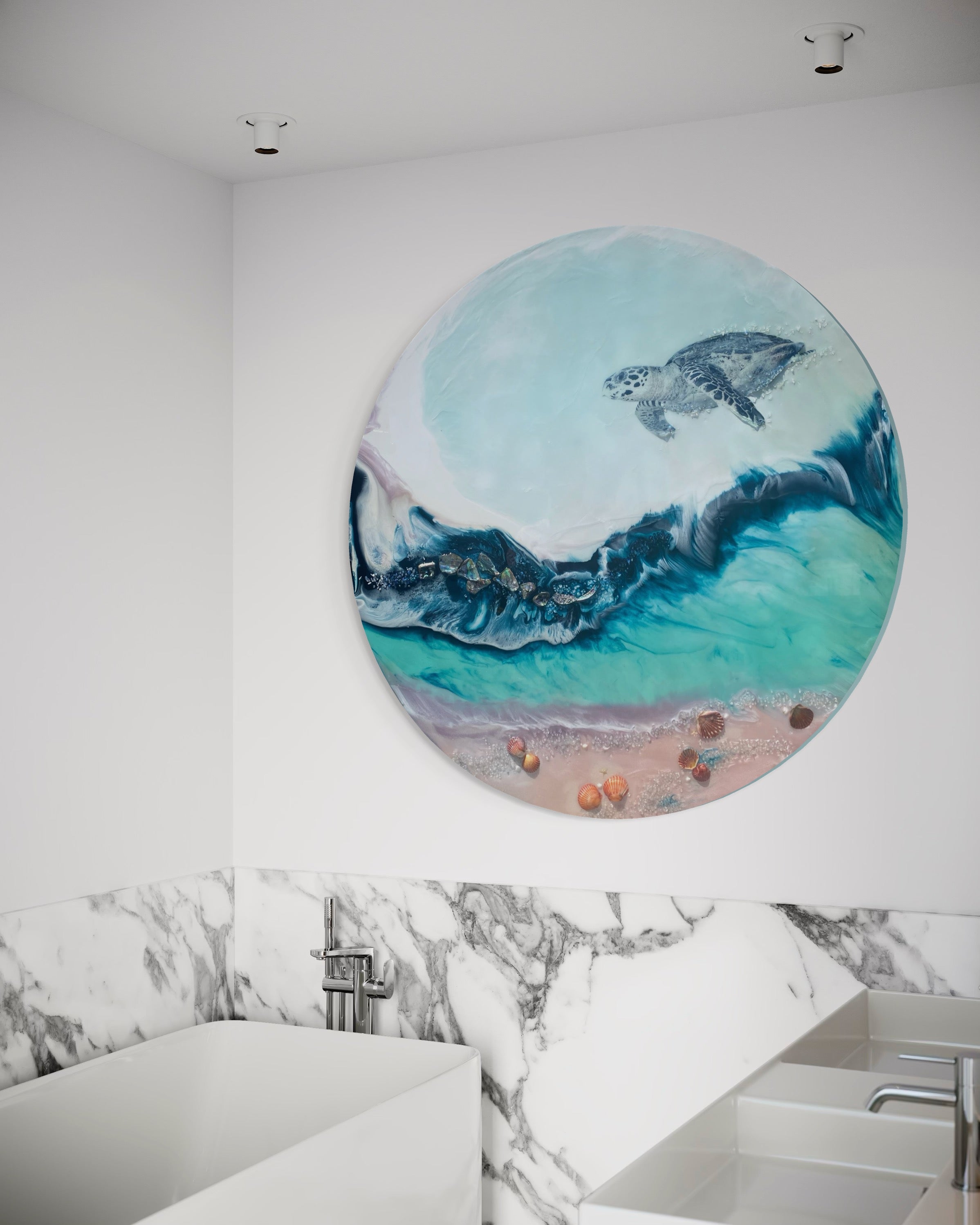 Sea Turtle 2.0. Hawaii Island Seascape. Round Artwork.