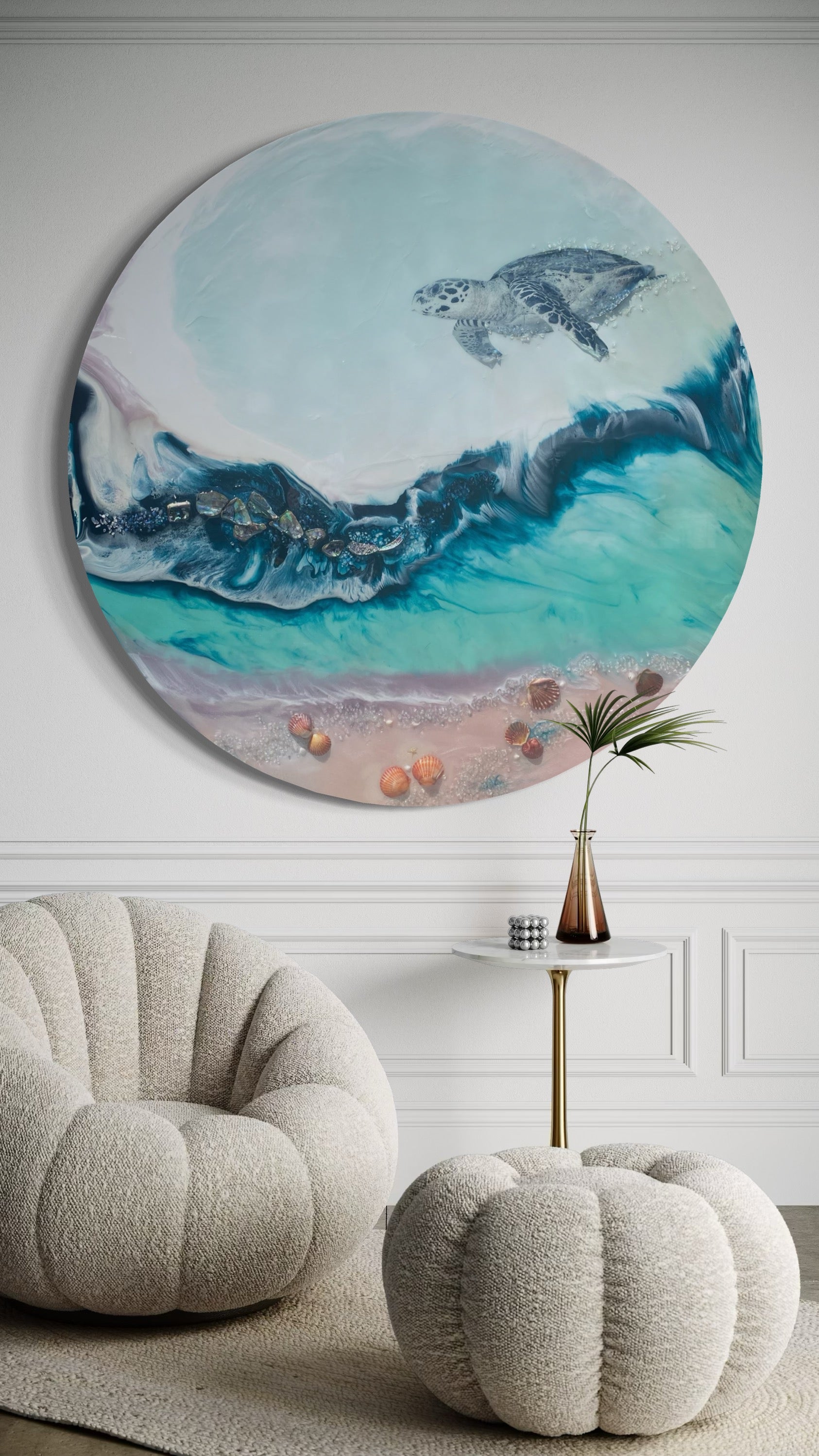 Sea Turtle 2.0. Hawaii Island Seascape. Round Artwork.