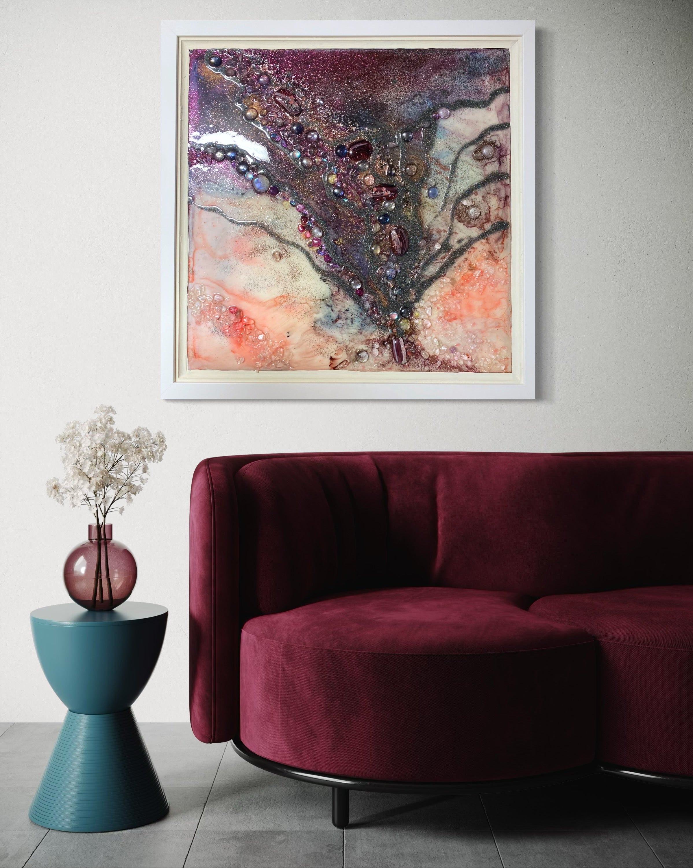 Burgundy Purple Aura Crystal. Tree of Life. Original Artwork. Light Lamp