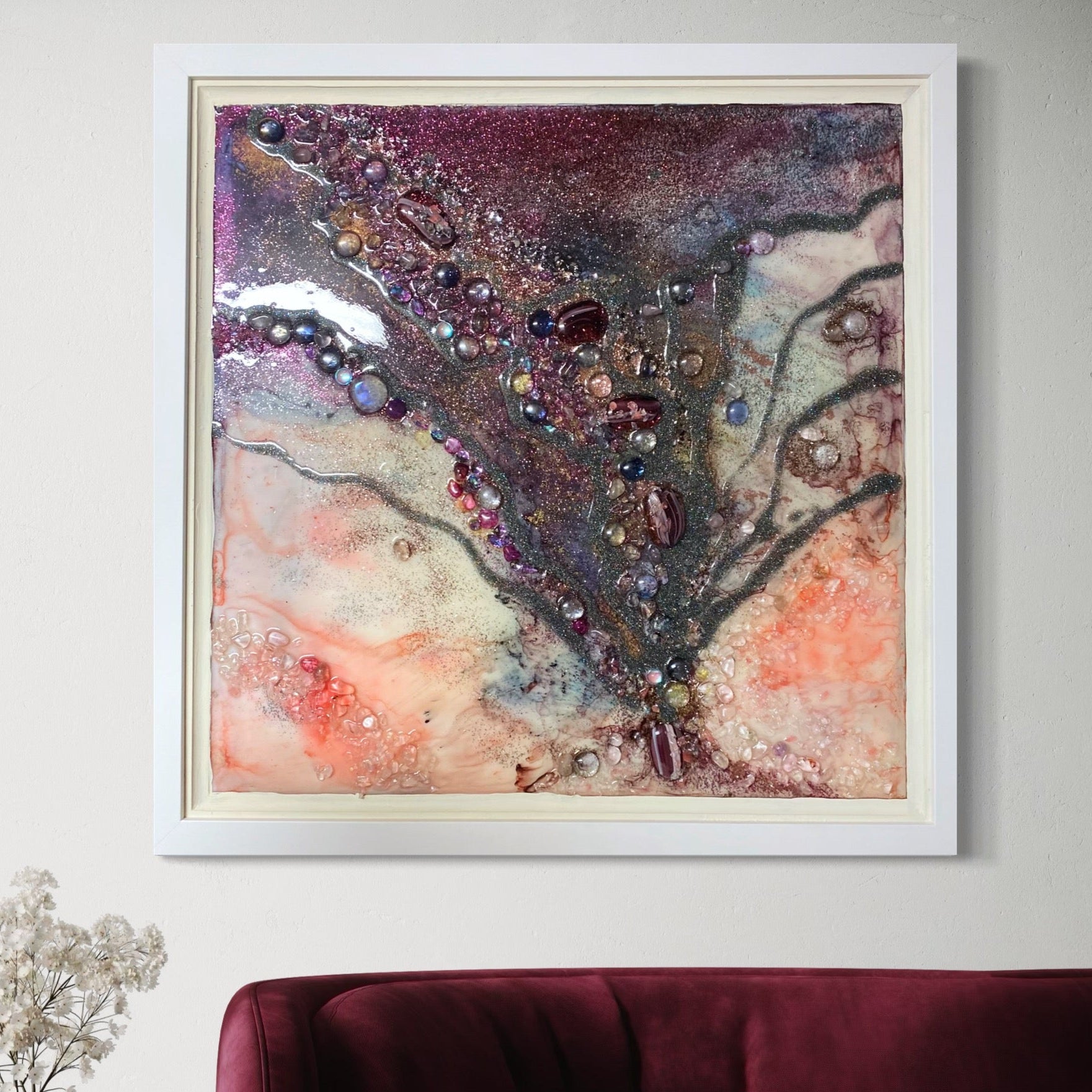 Burgundy Purple Aura Crystal. Tree of Life. Original Artwork. Light Lamp