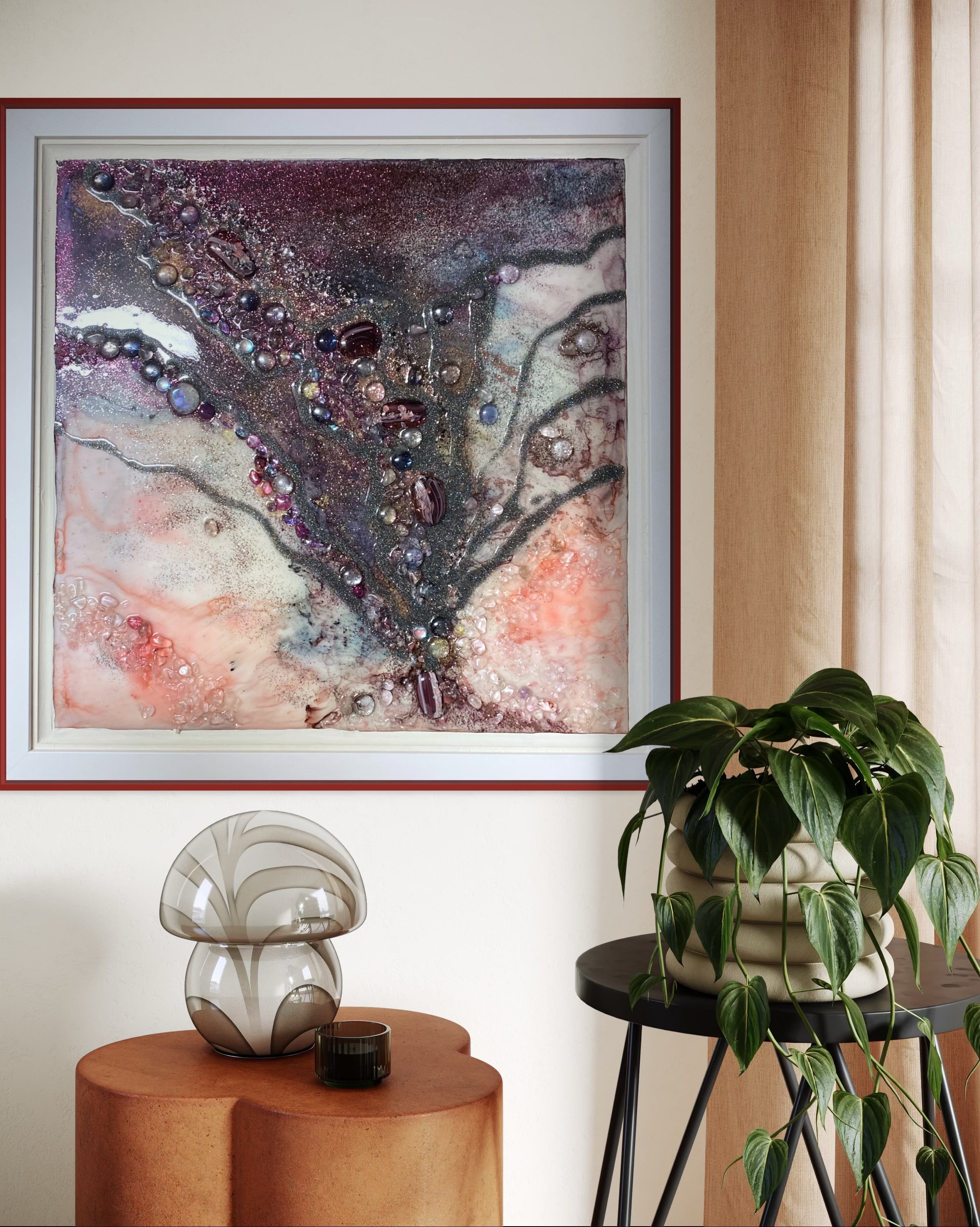 Burgundy Purple Aura Crystal. Tree of Life. Original Artwork. Light Lamp