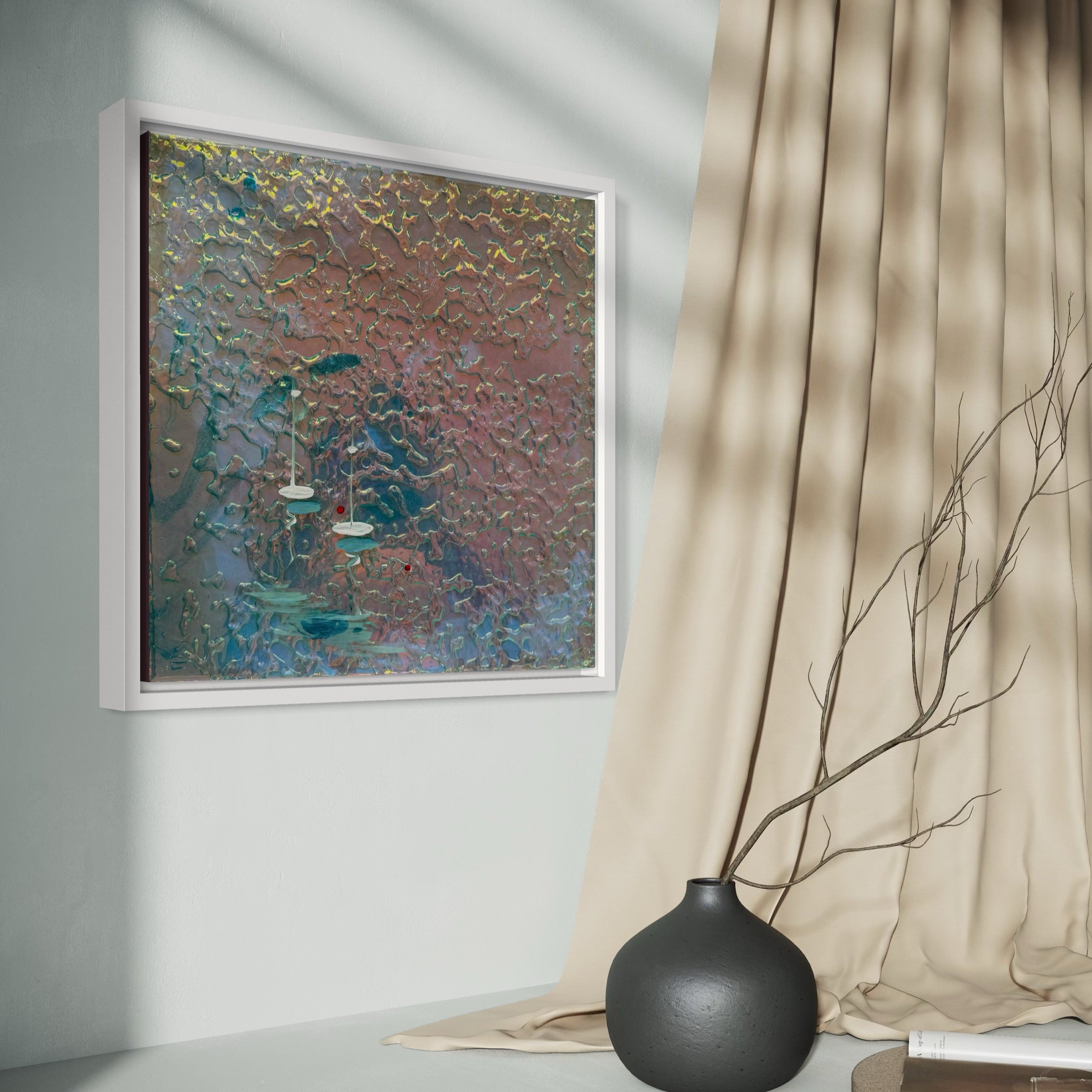 Cannes Yacht Mediterranean Sailing Boats Artwork Iridescent Anchored 2 FRAMED 33x33cm