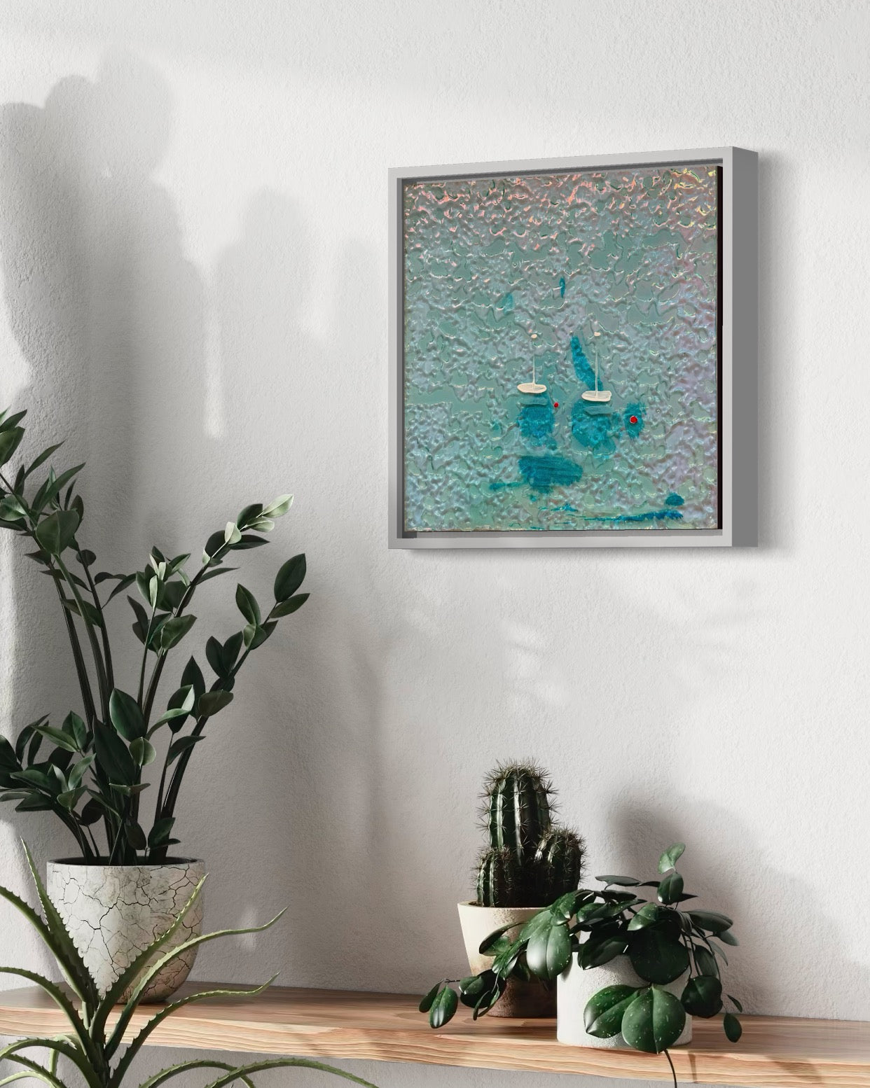 Cannes Yachts Mediterranean Sailing Boats Artwork Iridescent Whitsundays Anchored 1 30x30cm FRAMED 33x33cm