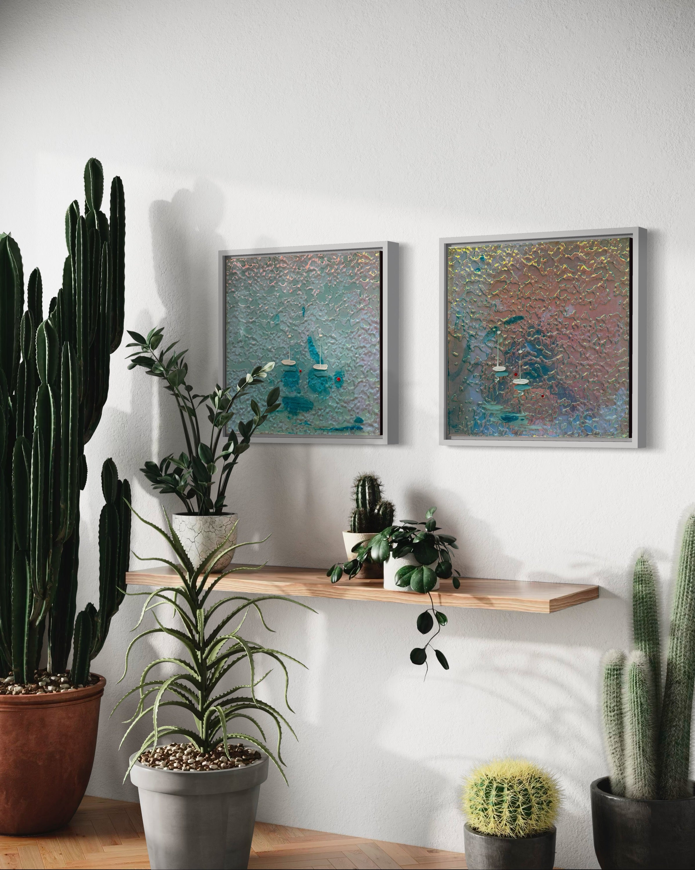 Cannes Mediterranean Sailing Boats yacht Artwork Iridescent Anchored 1&2 65x35cm Set FRAMED