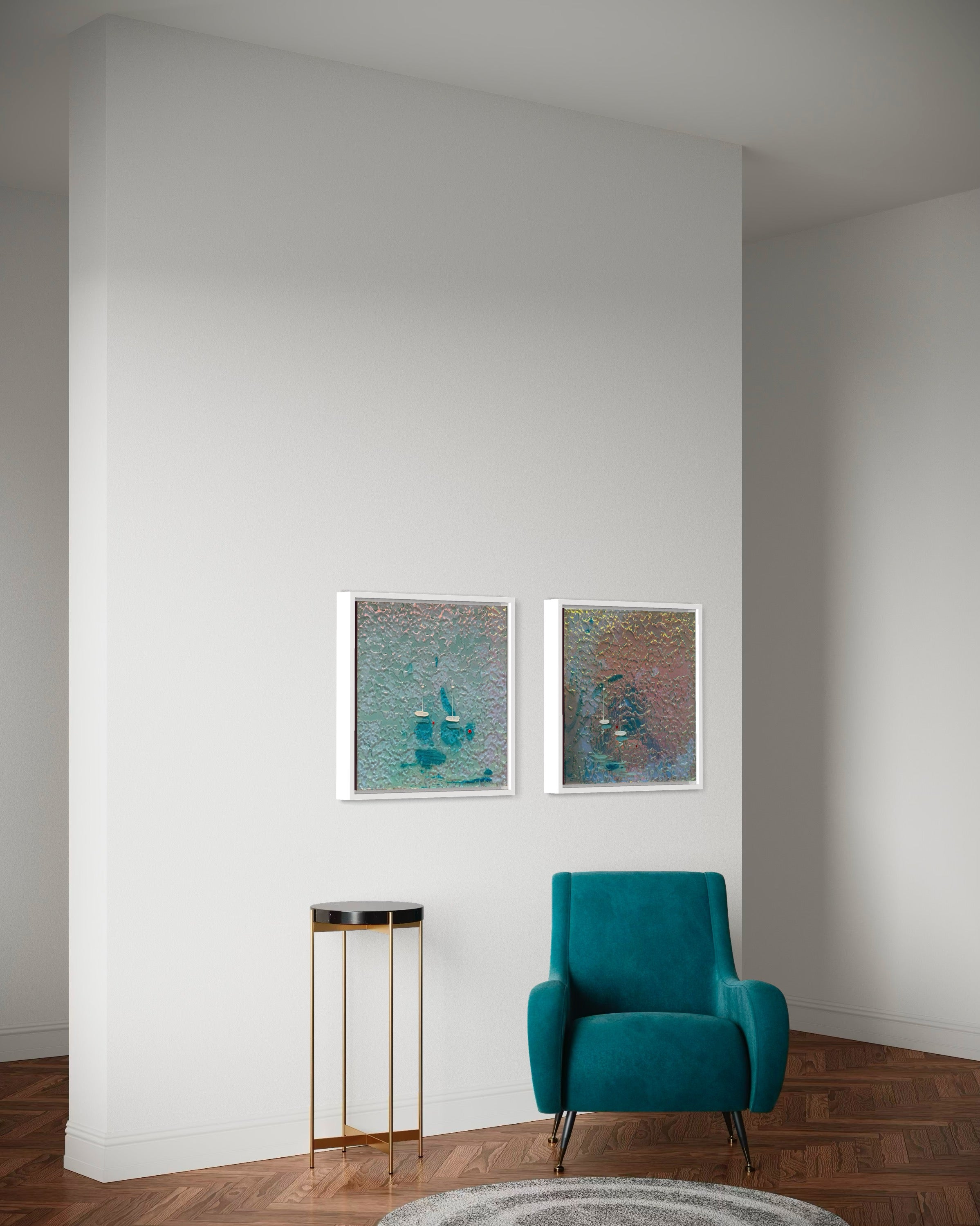 Cannes Mediterranean Sailing Boats yacht Artwork Iridescent Anchored 1&2 65x35cm Set FRAMED