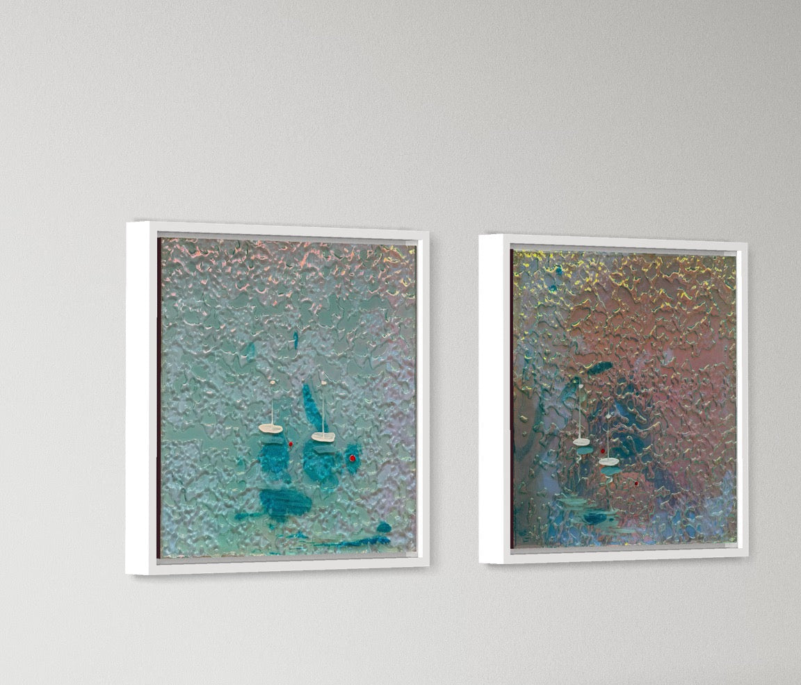 Cannes Mediterranean Sailing Boats yacht Artwork Iridescent Anchored 1&2 65x35cm Set FRAMED