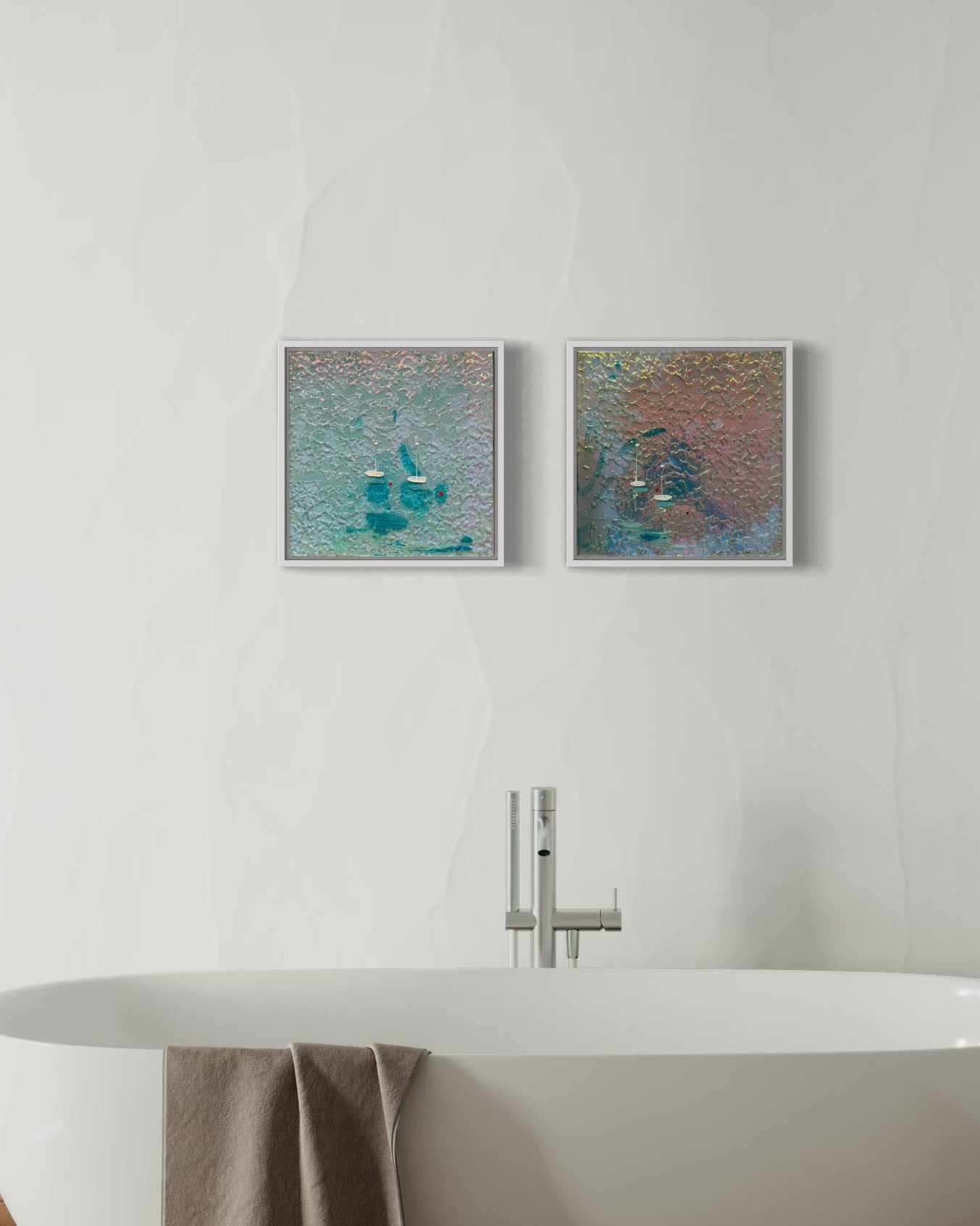 Cannes Mediterranean Sailing Boats yacht Artwork Iridescent Anchored 1&2 65x35cm Set FRAMED