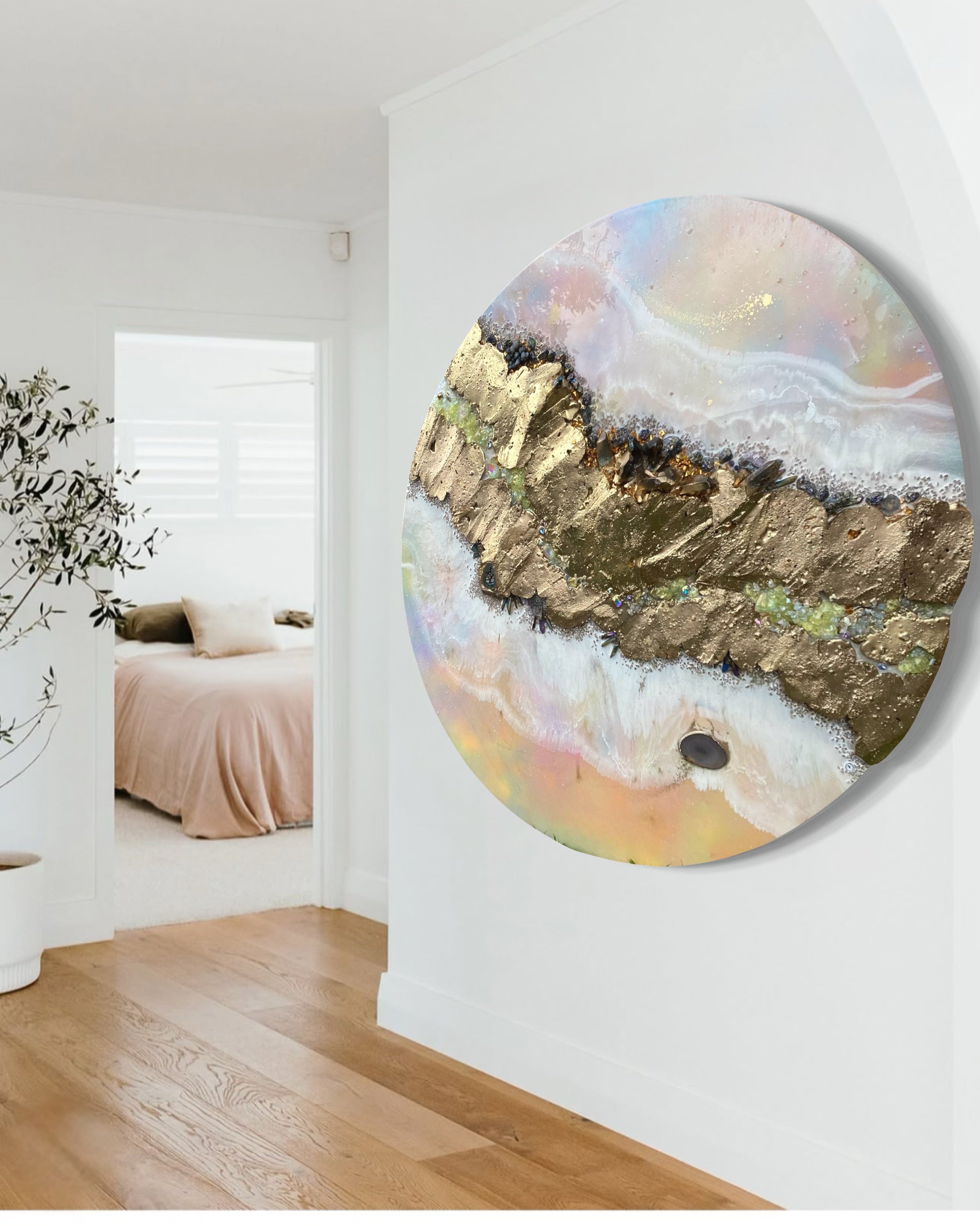 Pink Saturn shadow Quartz and Swarovski crystal artwork 110cm