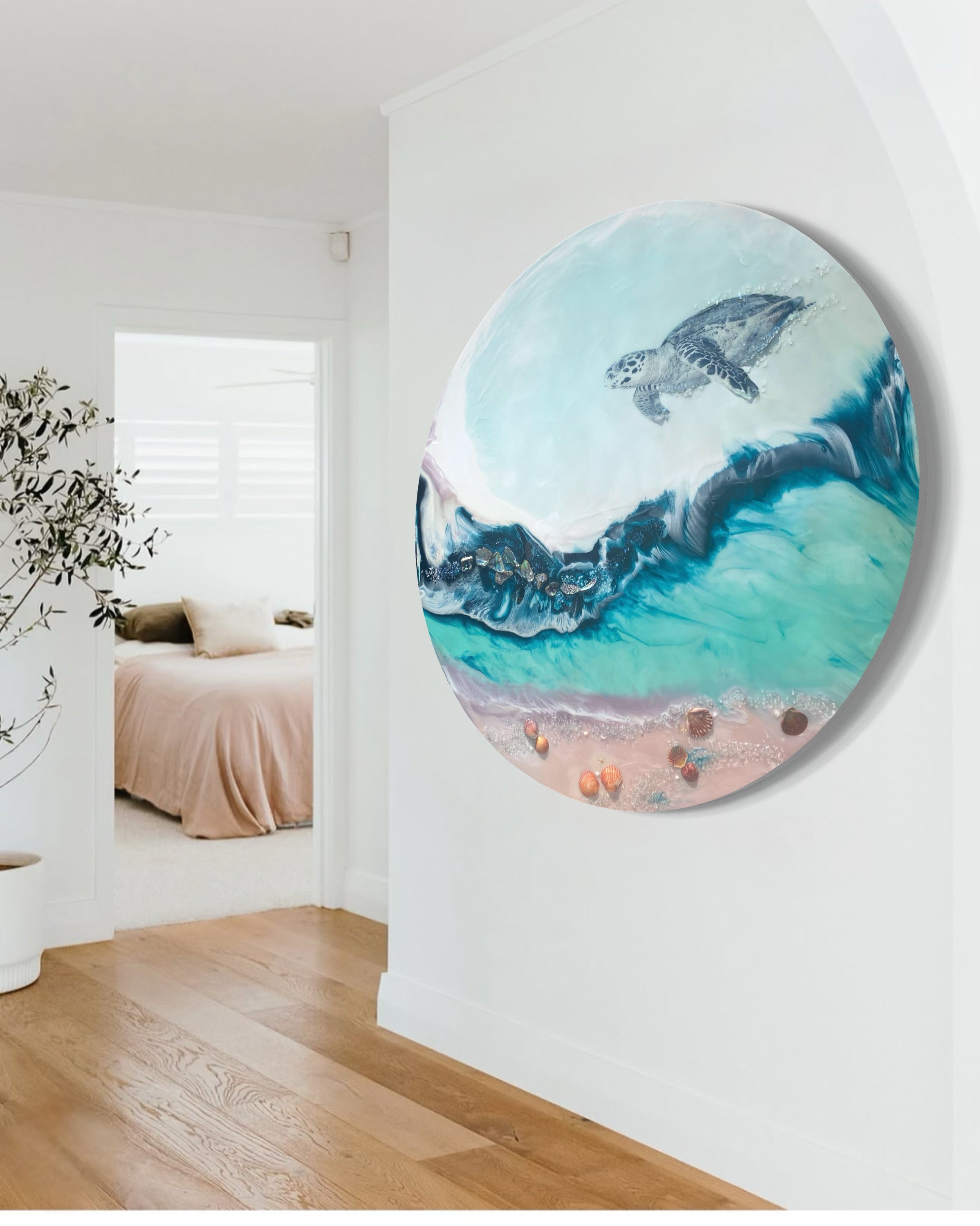 Green Round Turtle Artwork.Bounty Turtle 3.0. Australian Seascape. 90x90cm