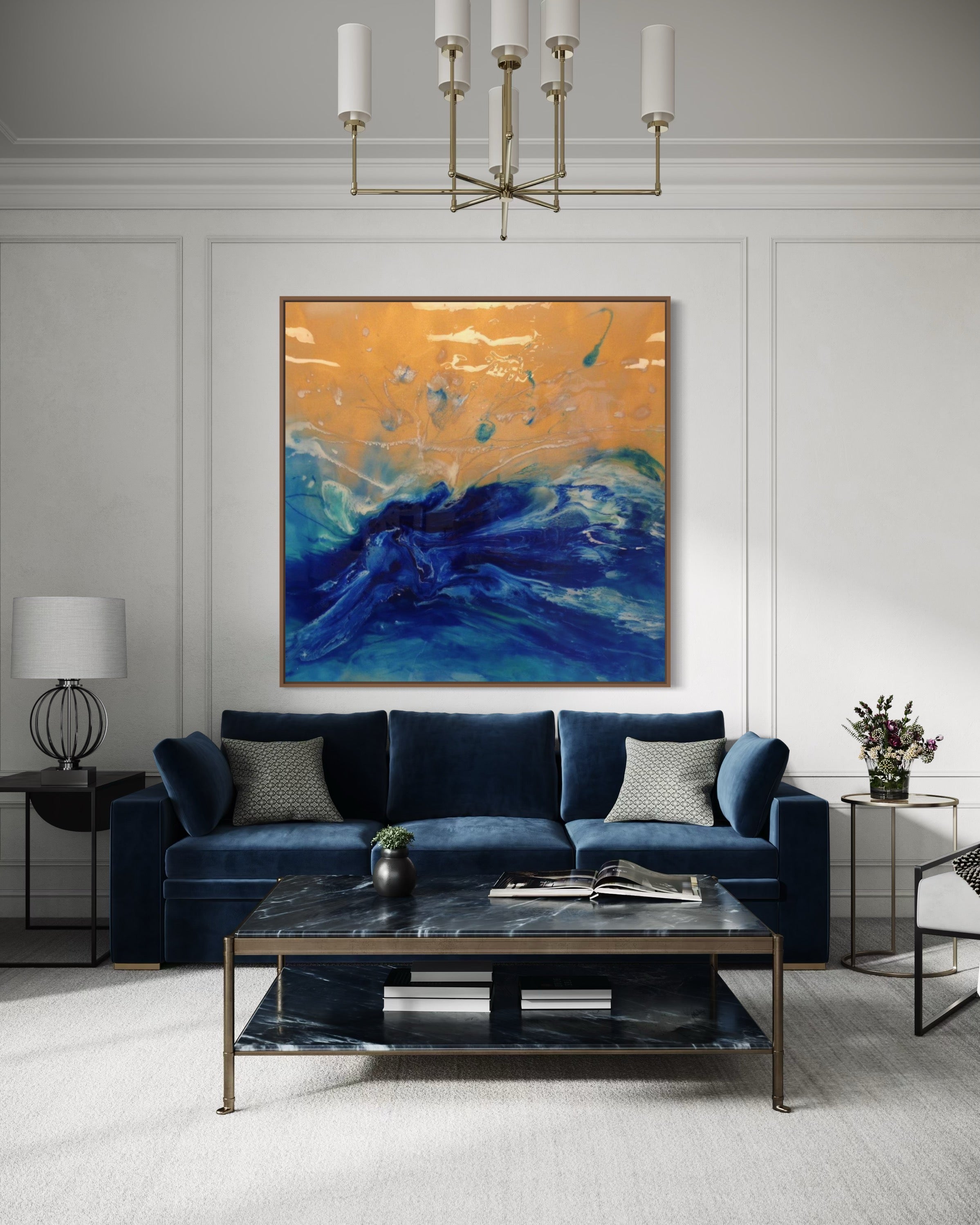 Blue Spirits of the Ocean - Eagle. Original Blue and Gold Abstract Wave Artwork