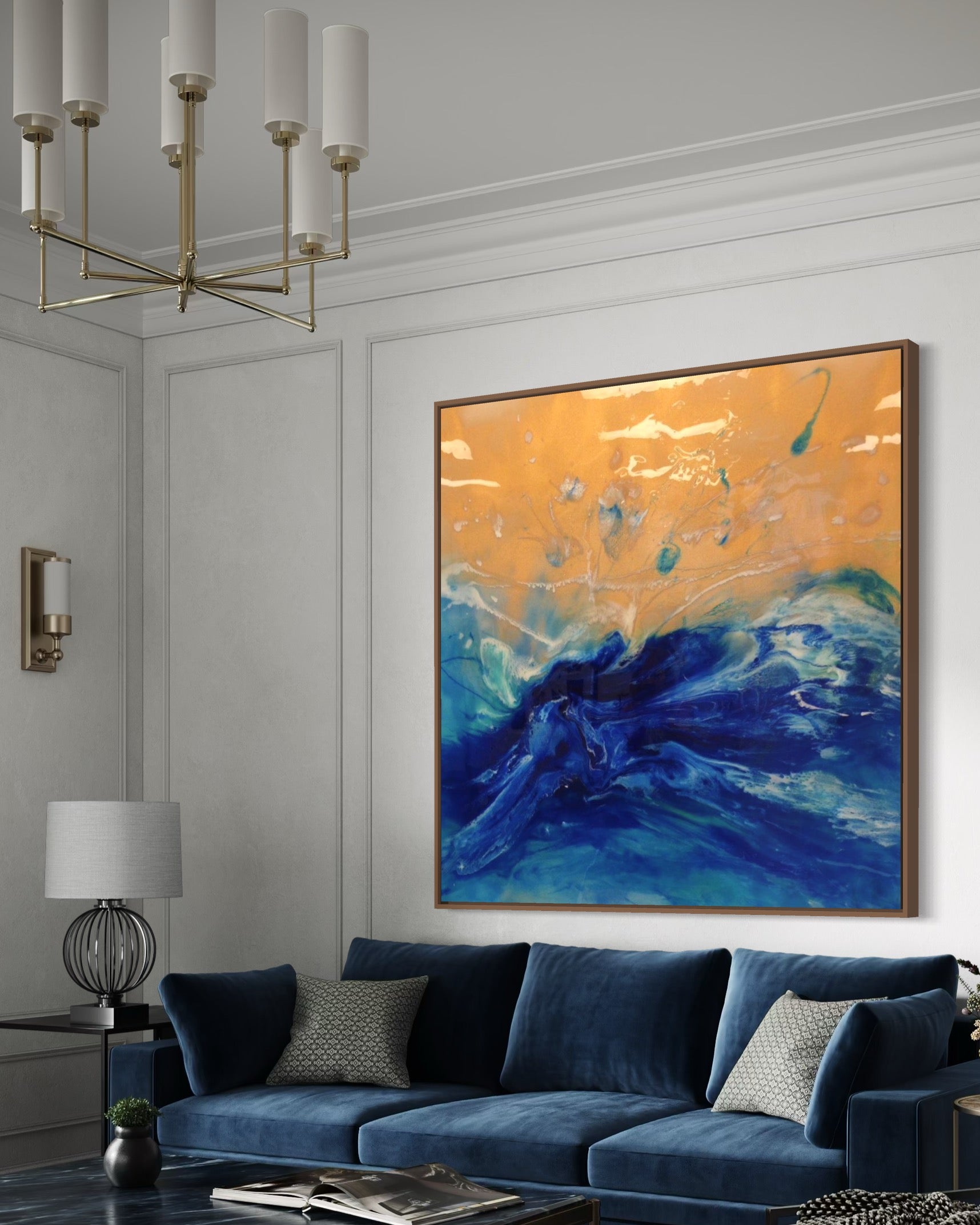 Blue Spirits of the Ocean - Eagle. Original Blue and Gold Abstract Wave Artwork