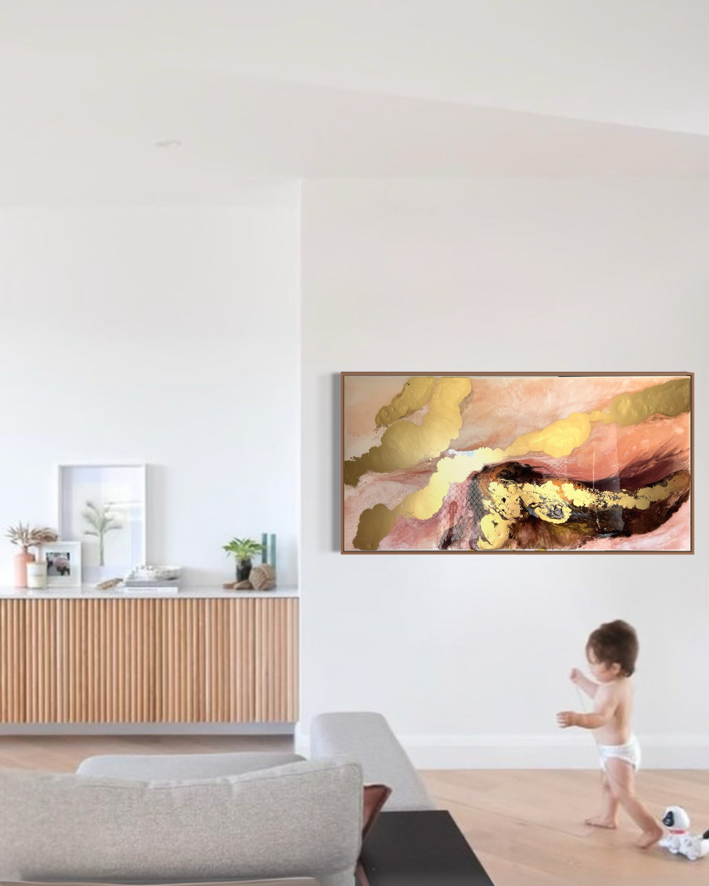 Mothers embrace. Gold and Brown Abstract Landscape. Original Artwork