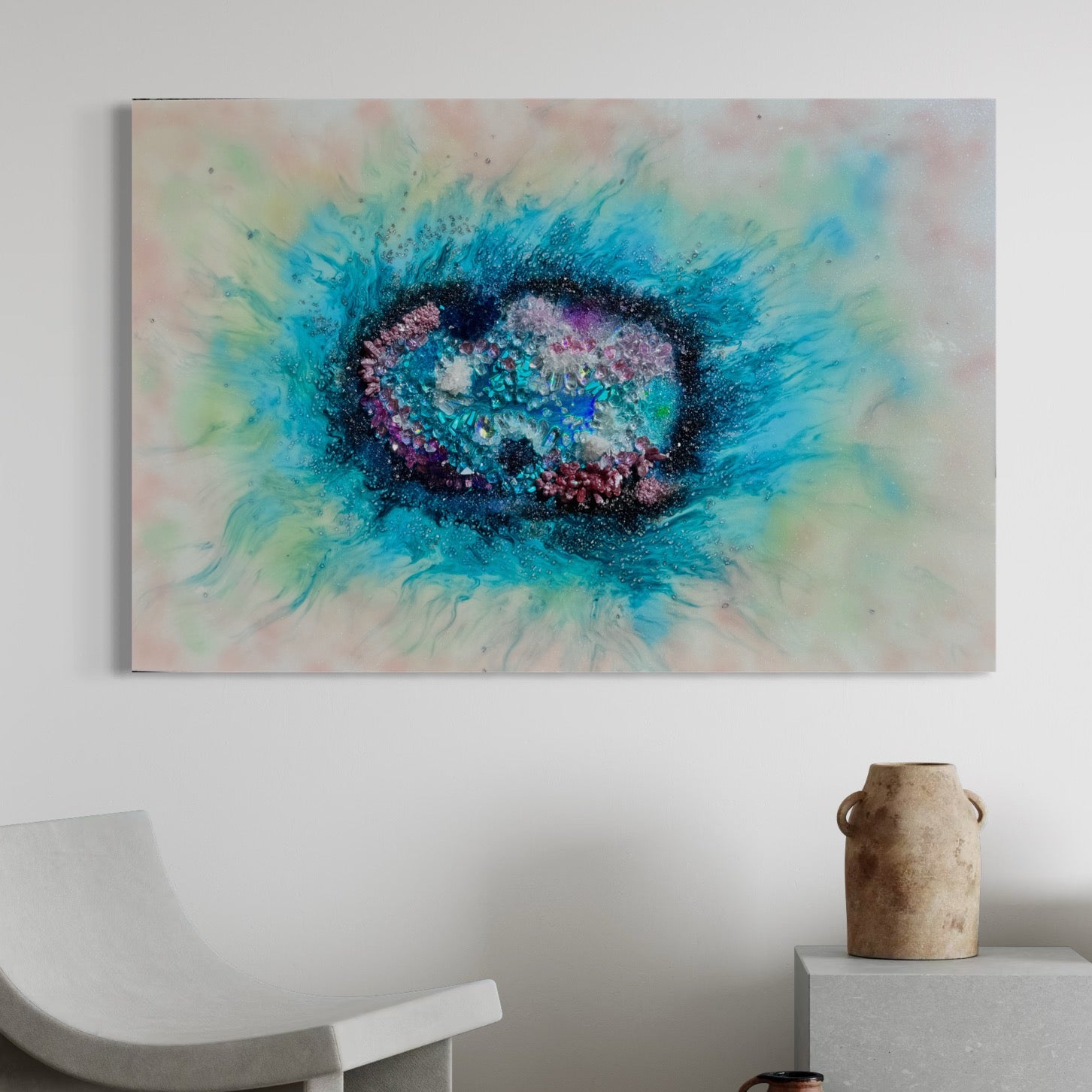 White and Blue Original Crystal Artwork. Coral Garden Quartz, Turquoise, Swarovski, Moonstone. COMMISSION
