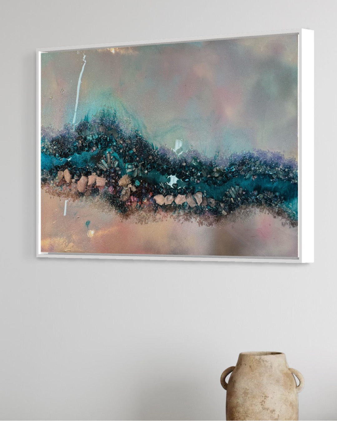 Pink and Blue Crystal Reef - with Rose Quartz, FRAMED 60x90cm