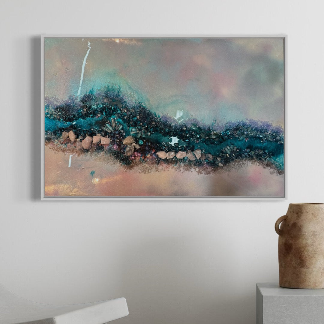 Pink and Blue Crystal Reef - with Rose Quartz, FRAMED 60x90cm