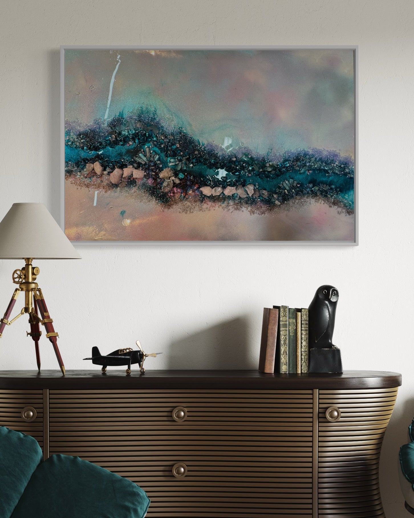 Pink and Blue Crystal Reef - with Rose Quartz, FRAMED 60x90cm