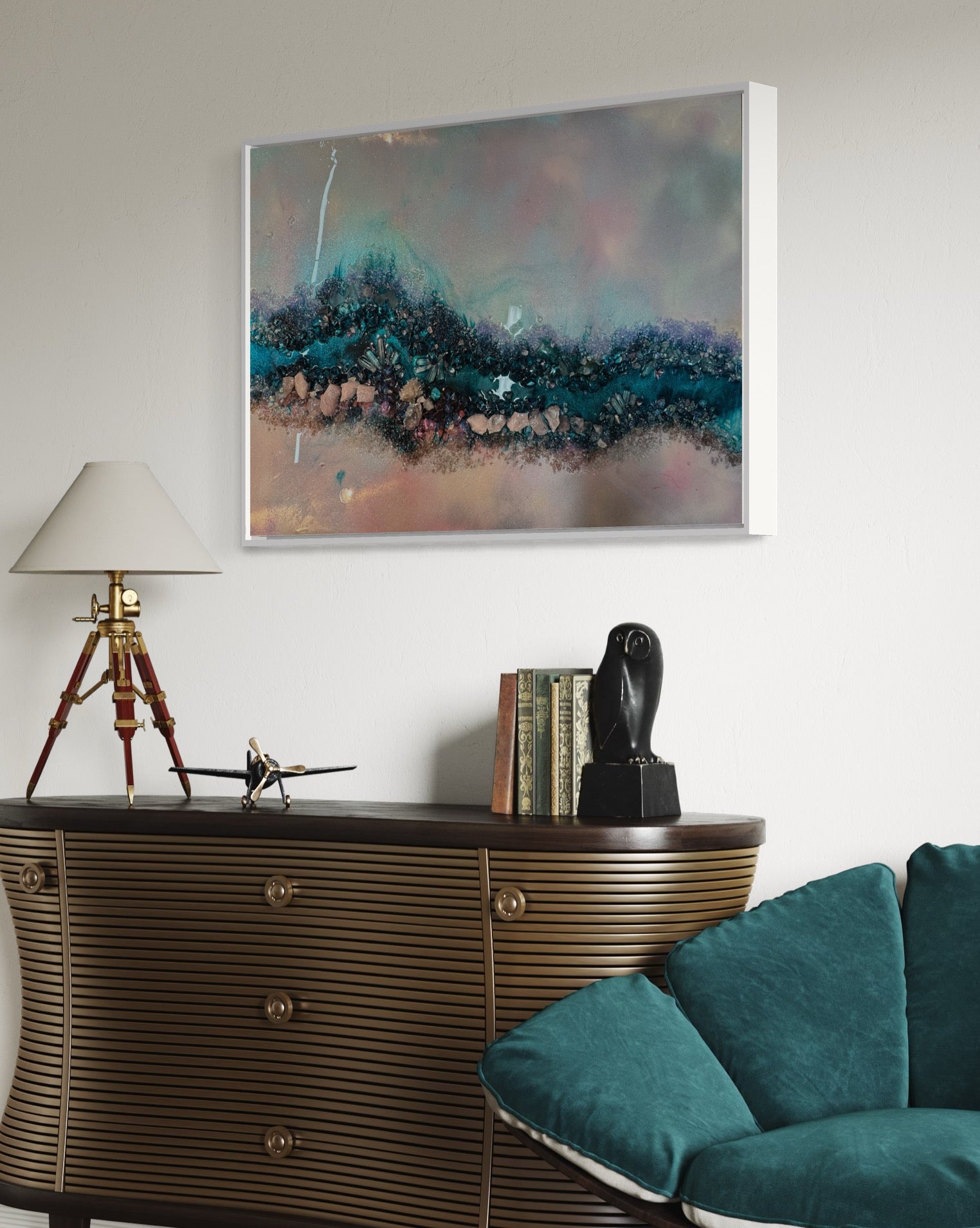 Pink and Blue Crystal Reef - with Rose Quartz, FRAMED 60x90cm