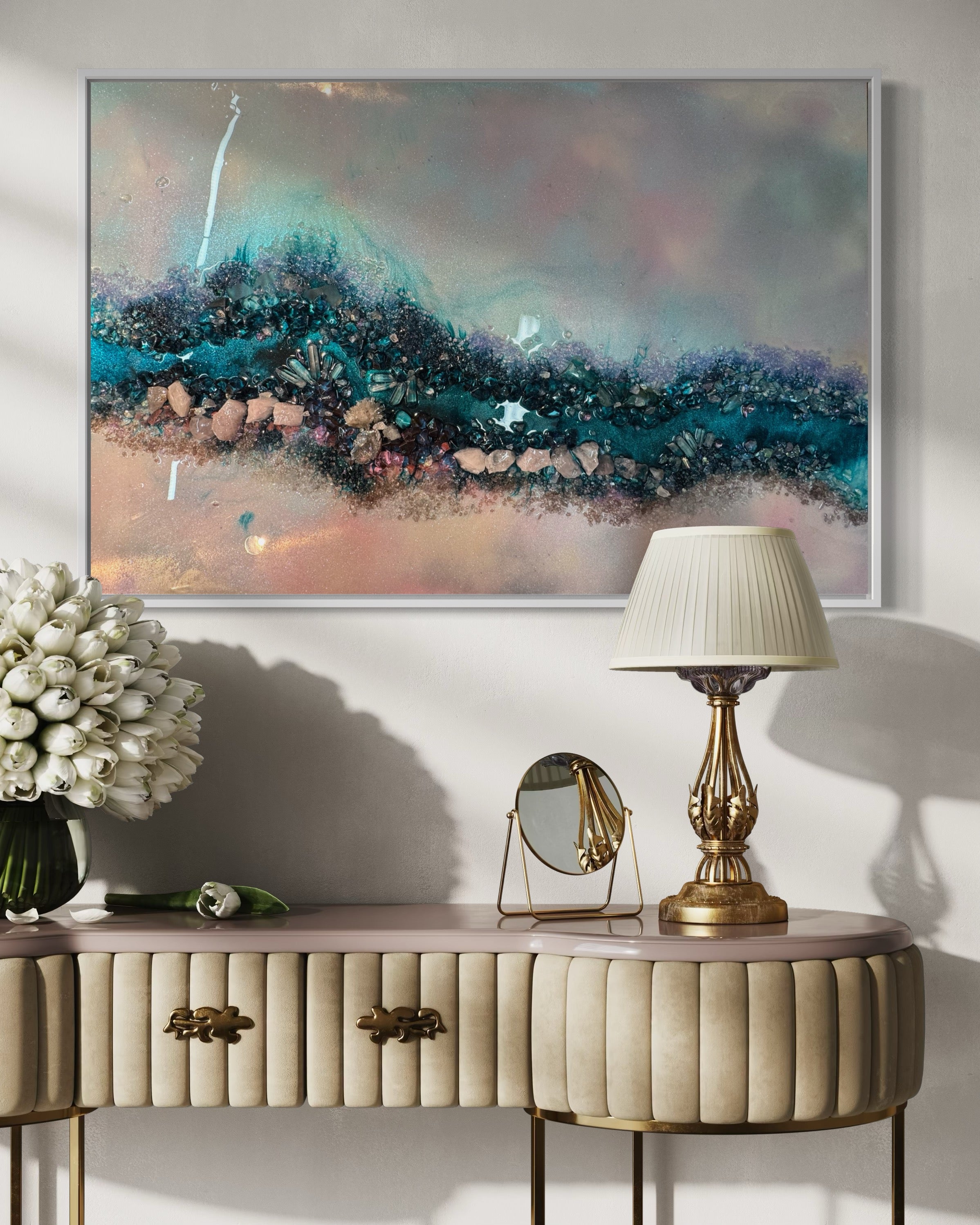 Pink and Blue Crystal Reef - with Rose Quartz, FRAMED 60x90cm