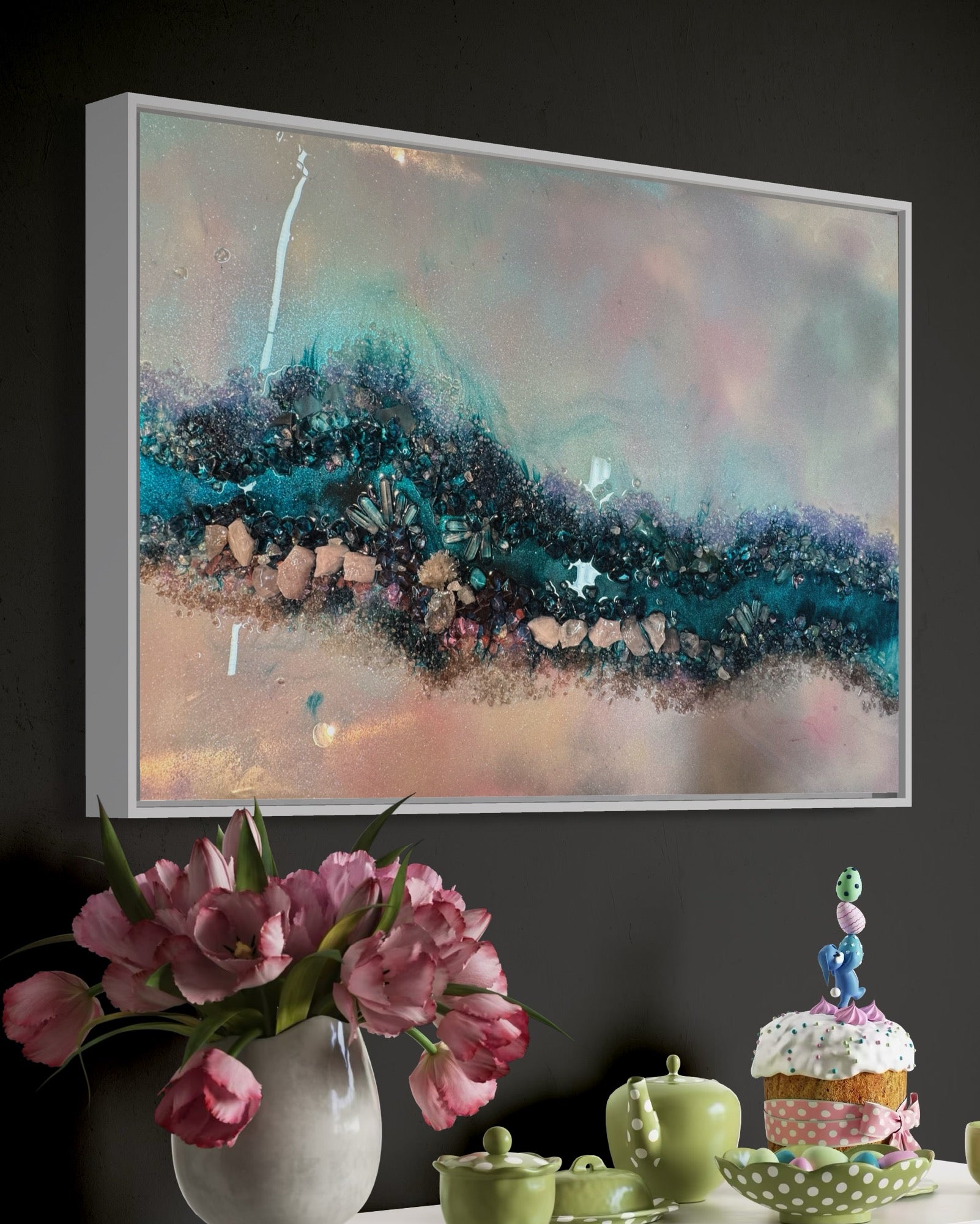 Pink and Blue Crystal Reef - with Rose Quartz, FRAMED 60x90cm