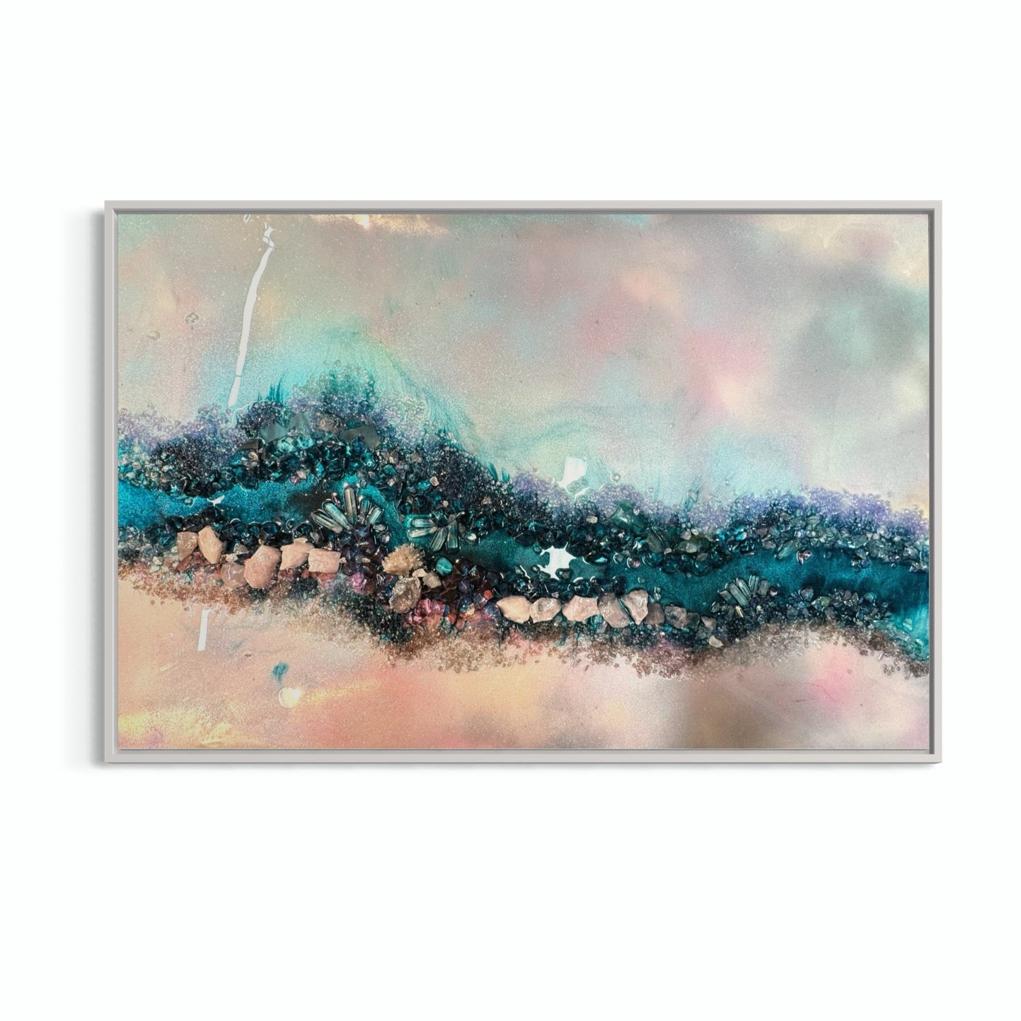 Pink and Blue Crystal Reef - with Rose Quartz, FRAMED 60x90cm
