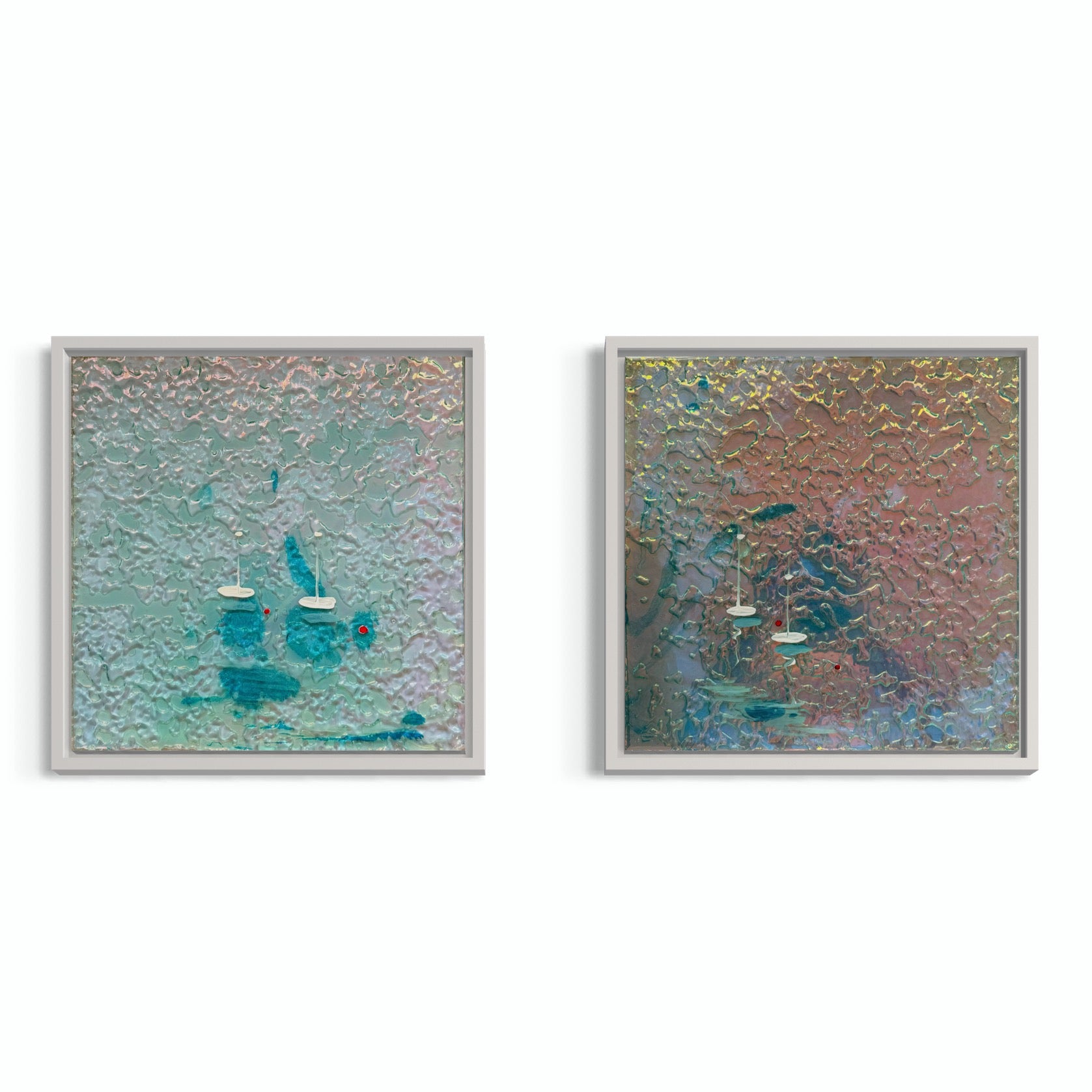 Cannes Mediterranean Sailing Boats yacht Artwork Iridescent Anchored 1&2 65x35cm Set FRAMED